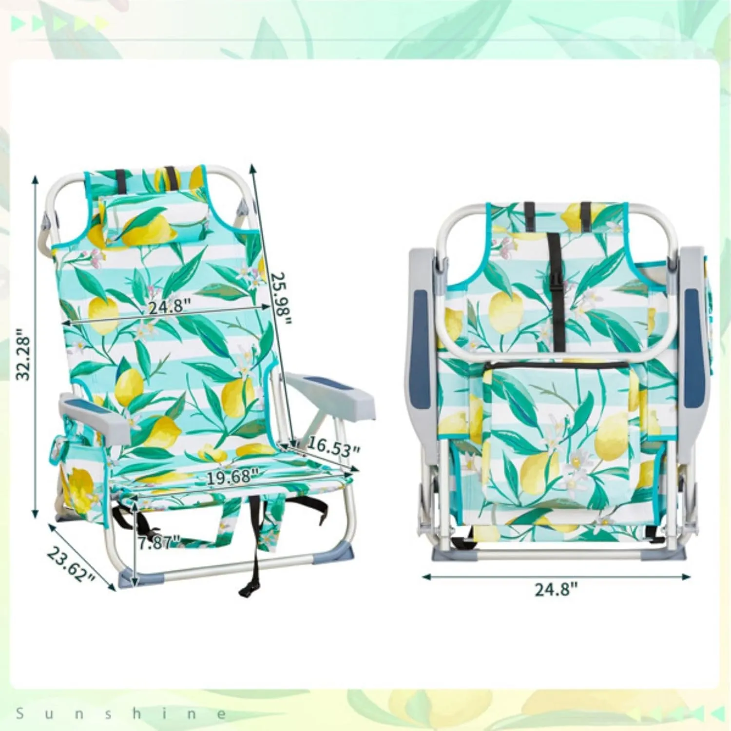 Backpack Beach Chair for Adults, 5-Position Portable Outdoor Reclining Camping Chair, Lightweight Folding Chairs with Headrest, Cup Holders, Cooler Bag, Towel Bar, Shoulder Strap (Lemon)