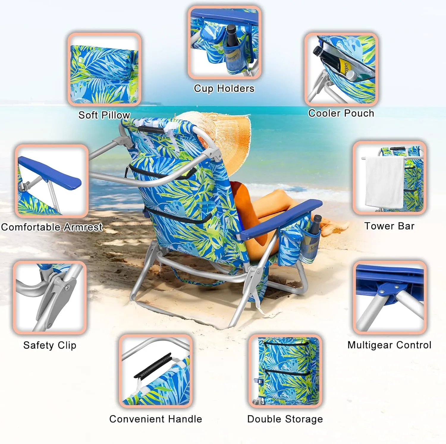 Backpack Beach Chairs for Adults - Folding Heavy Duty Camping Chair with Storage Pouch, Cup Holder & Towel Rack, Lightweight & Adjustable Chair for Outdoor,Travel (1pc / Tropical Foliage)