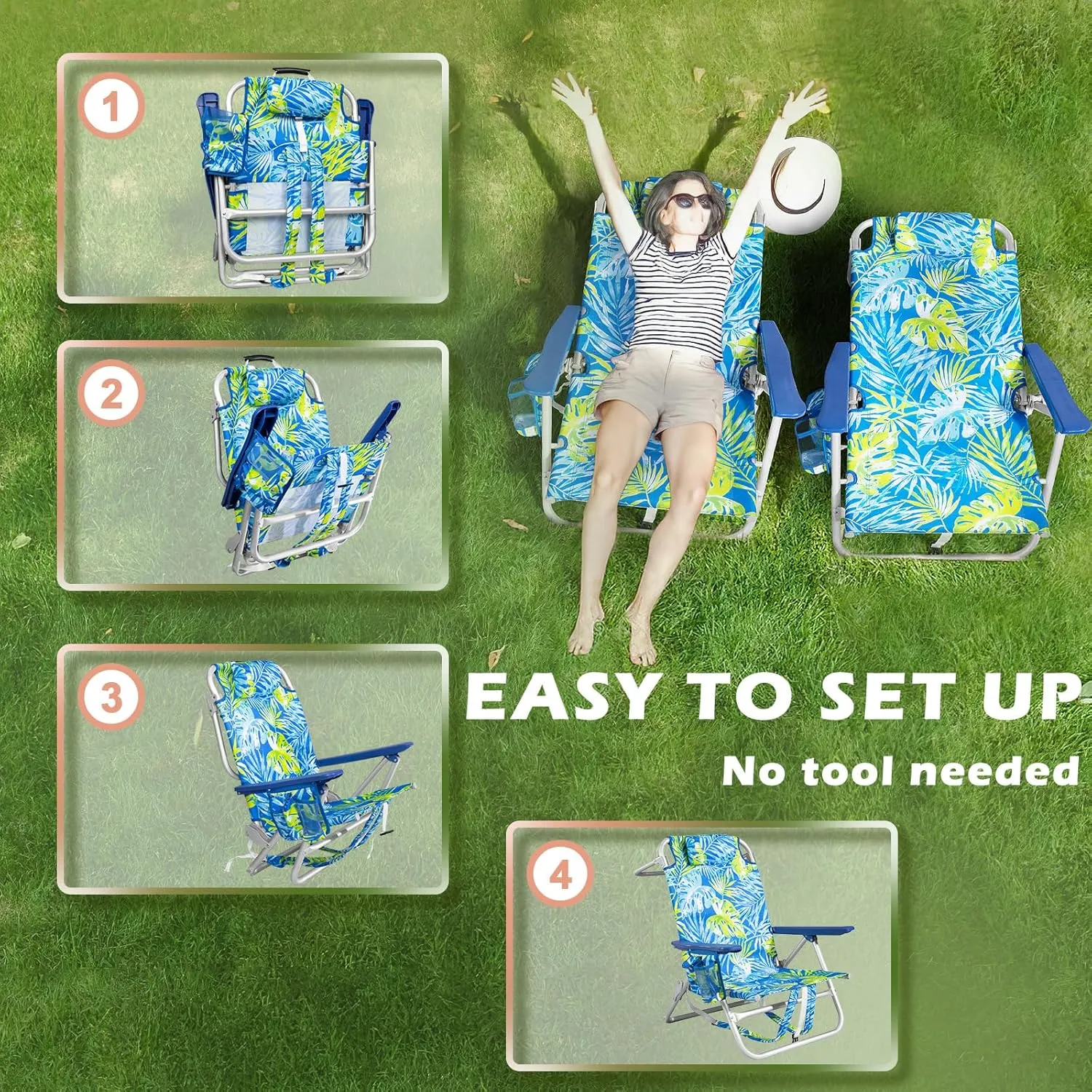 Backpack Beach Chairs for Adults - Folding Heavy Duty Camping Chair with Storage Pouch, Cup Holder & Towel Rack, Lightweight & Adjustable Chair for Outdoor,Travel (1pc / Tropical Foliage)