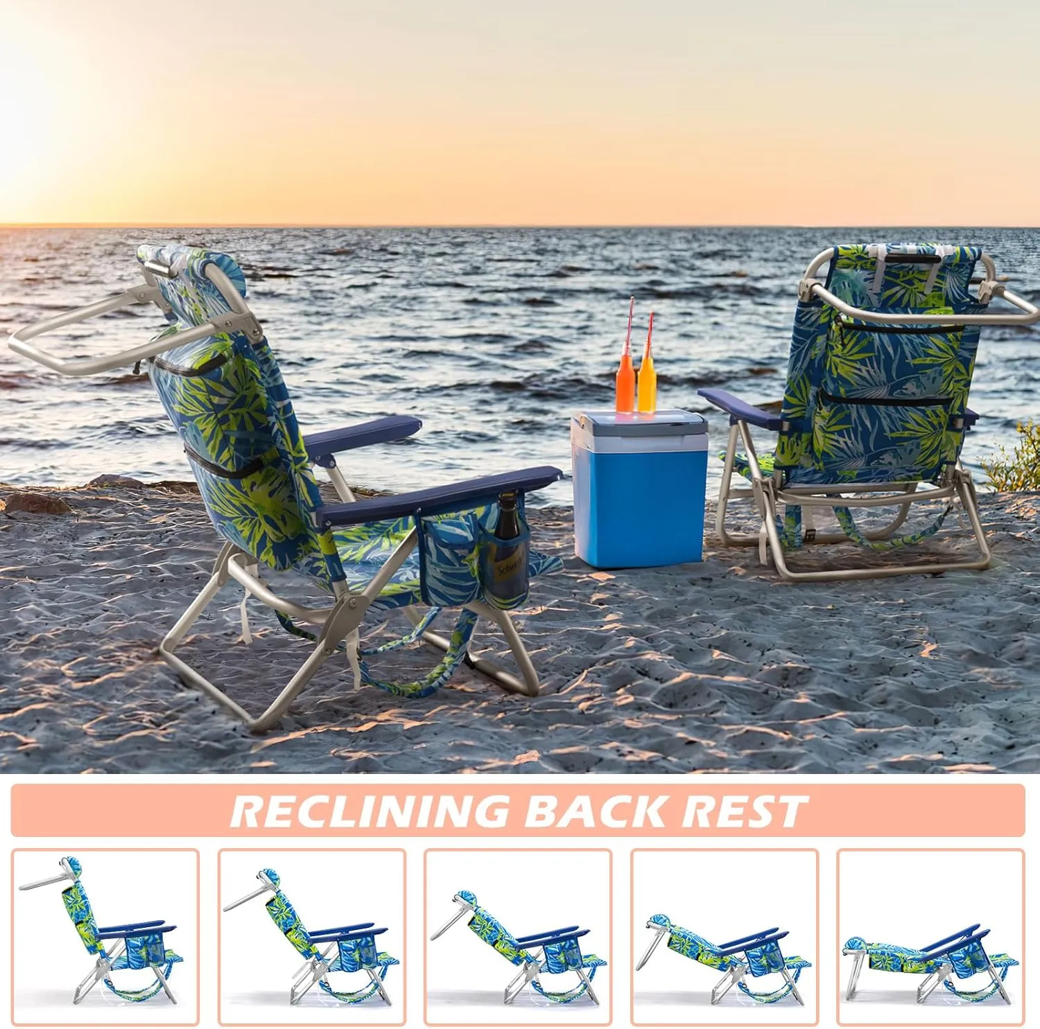 Backpack Beach Chairs for Adults - Folding Heavy Duty Camping Chair with Storage Pouch, Cup Holder & Towel Rack, Lightweight & Adjustable Chair for Outdoor,Travel (1pc / Tropical Foliage)