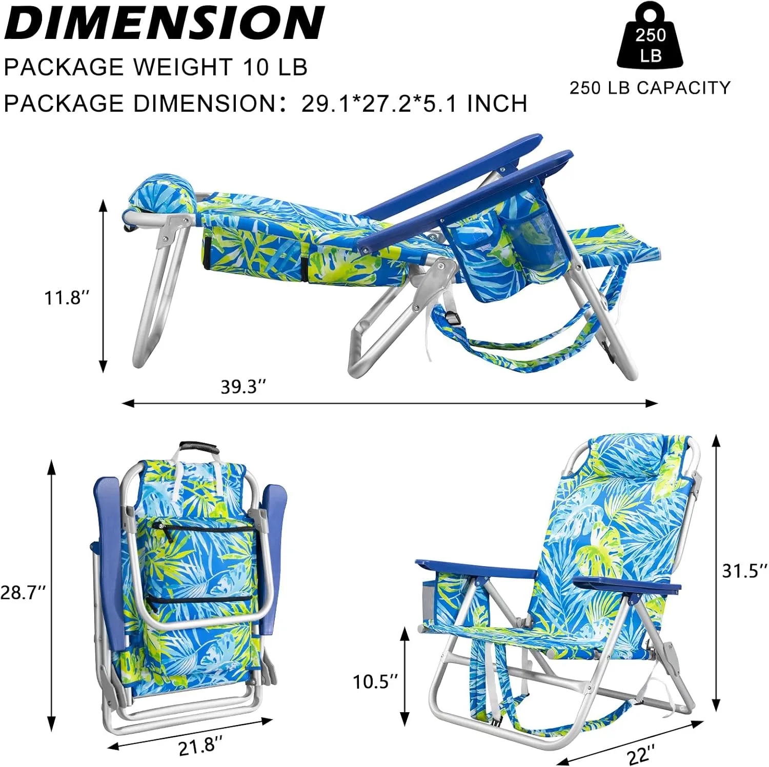 Backpack Beach Chairs for Adults - Folding Heavy Duty Camping Chair with Storage Pouch, Cup Holder & Towel Rack, Lightweight & Adjustable Chair for Outdoor,Travel (1pc / Tropical Foliage)