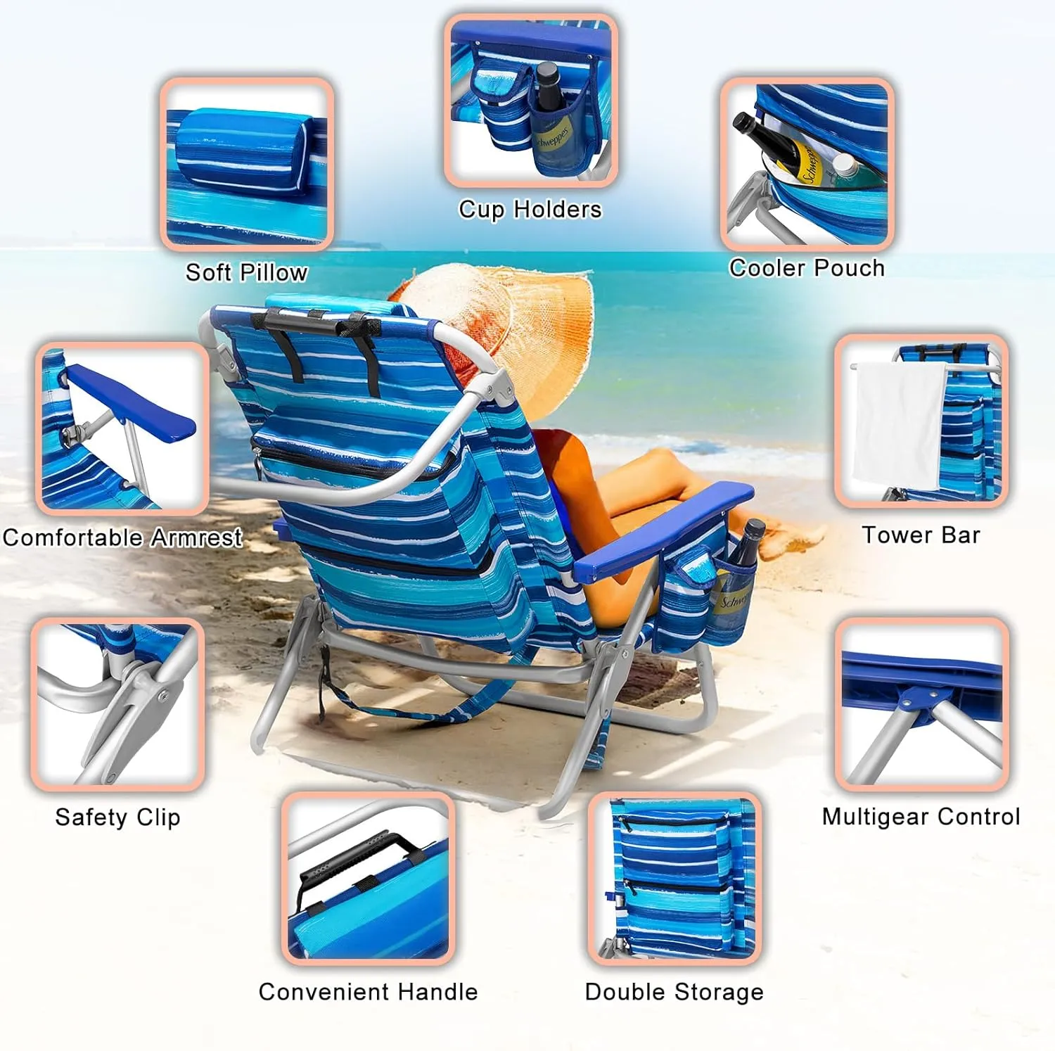 Backpack Beach Chairs for Adults - Folding Heavy Duty Camping Chair with Storage Pouch, Cup Holder & Towel Rack, Lightweight & Adjustable Lounge Chair for Outdoor,Travel (2 Packs/Blue Strap)