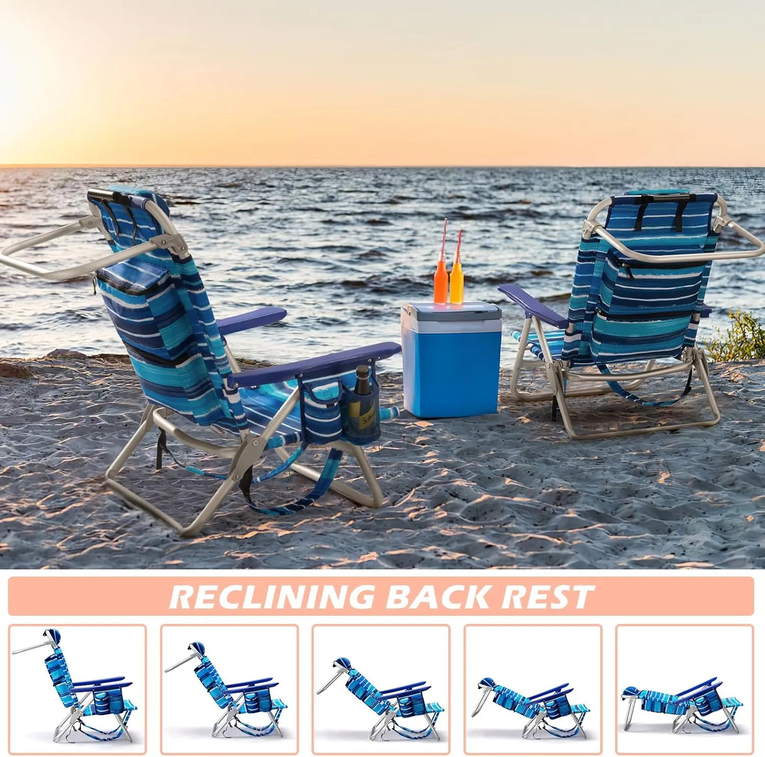 Backpack Beach Chairs for Adults - Folding Heavy Duty Camping Chair with Storage Pouch, Cup Holder & Towel Rack, Lightweight & Adjustable Lounge Chair for Outdoor,Travel (2 Packs/Blue Strap)