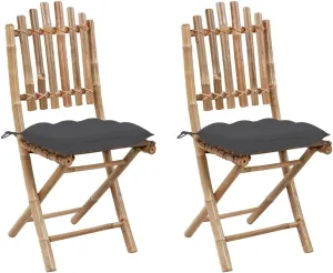 Bamboo Folding Patio Chairs 2 Pack with Anthracite Cushions, Outdoor Furniture Foldable Dining Chairs for Garden Pool Beach Camping
