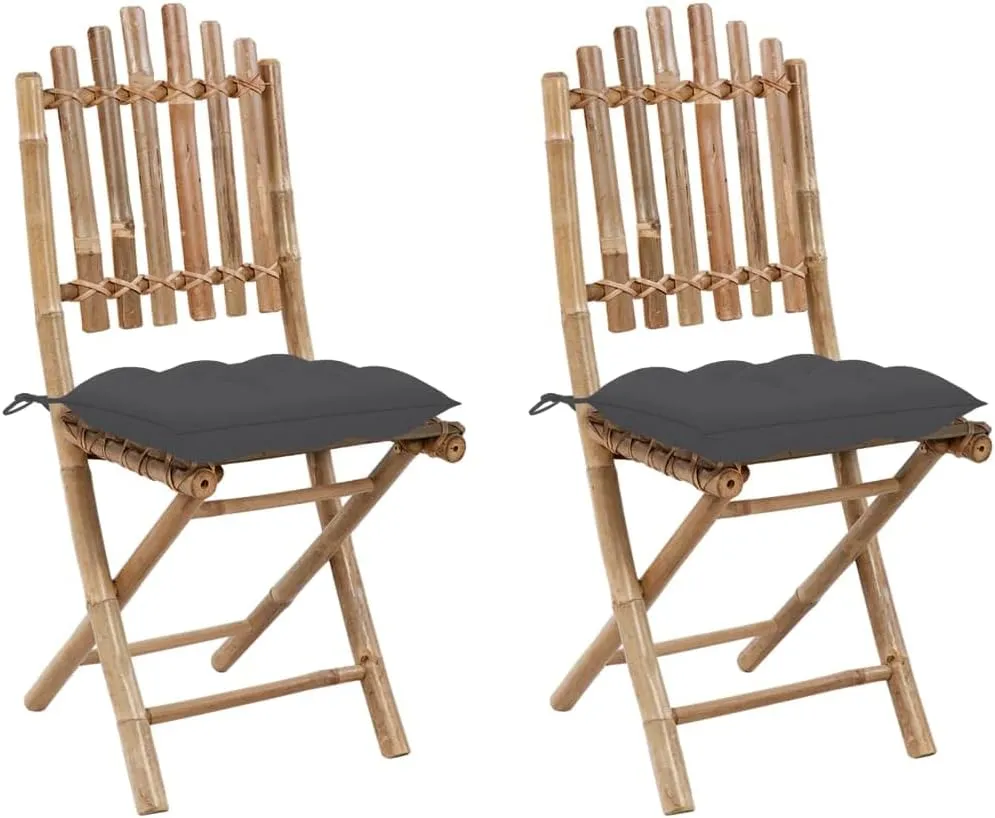 Bamboo Folding Patio Chairs 2 Pack with Anthracite Cushions, Outdoor Furniture Foldable Dining Chairs for Garden Pool Beach Camping