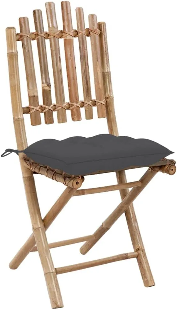 Bamboo Folding Patio Chairs 2 Pack with Anthracite Cushions, Outdoor Furniture Foldable Dining Chairs for Garden Pool Beach Camping