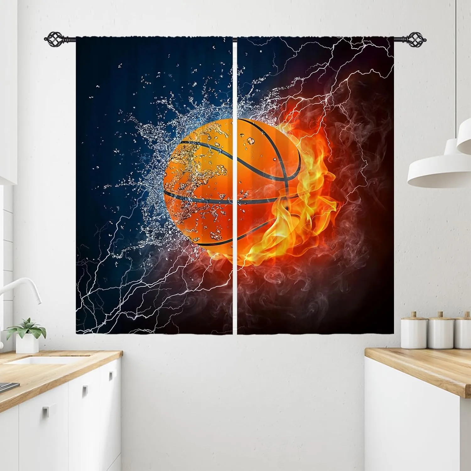 Basketball Curtains W28 x L48 Inch Rod Pocket Kids Sports Fire Ball Water Flame Thunder Lightning Print Pattern Privacy Fabric Window Drapes for Boys Bedroom Nursery Baby Playroom 2 Panels
