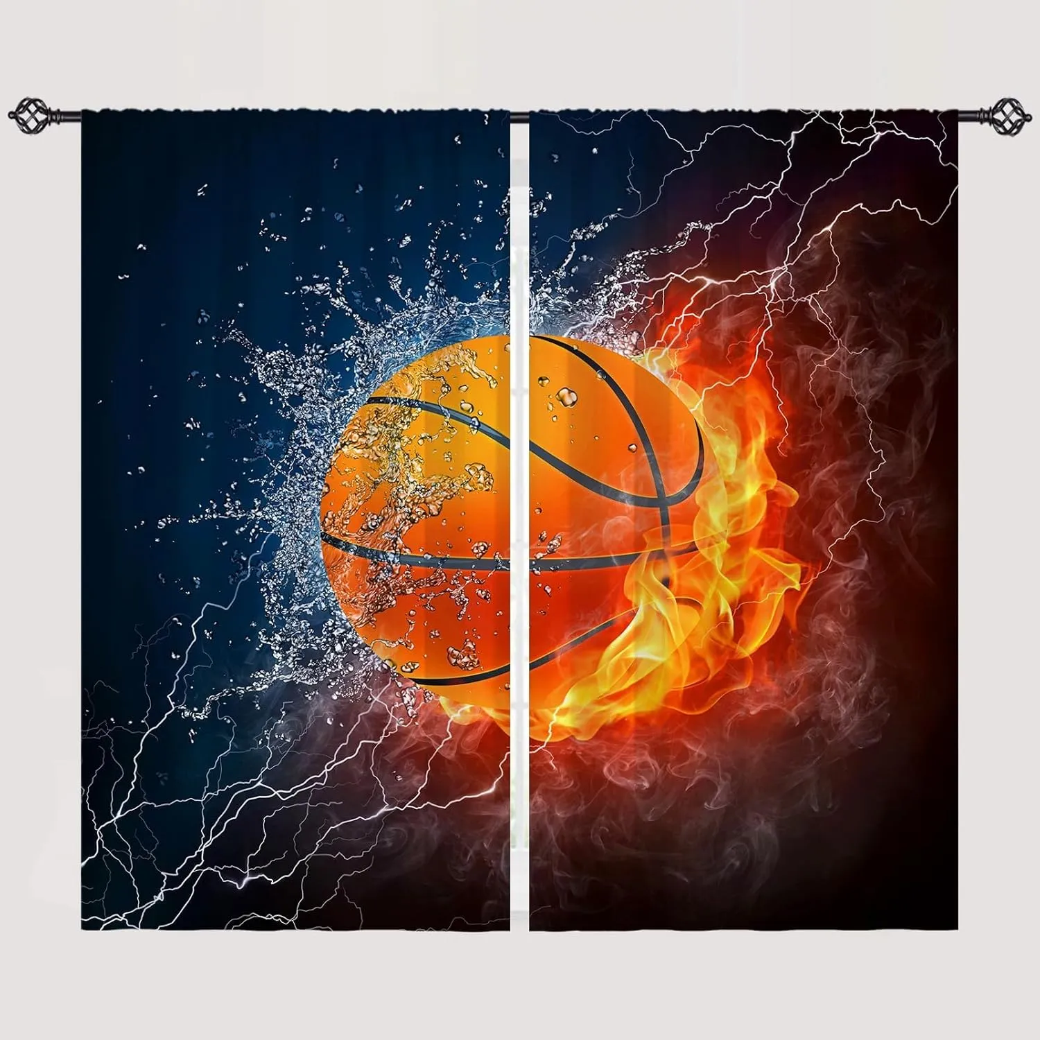 Basketball Curtains W28 x L48 Inch Rod Pocket Kids Sports Fire Ball Water Flame Thunder Lightning Print Pattern Privacy Fabric Window Drapes for Boys Bedroom Nursery Baby Playroom 2 Panels