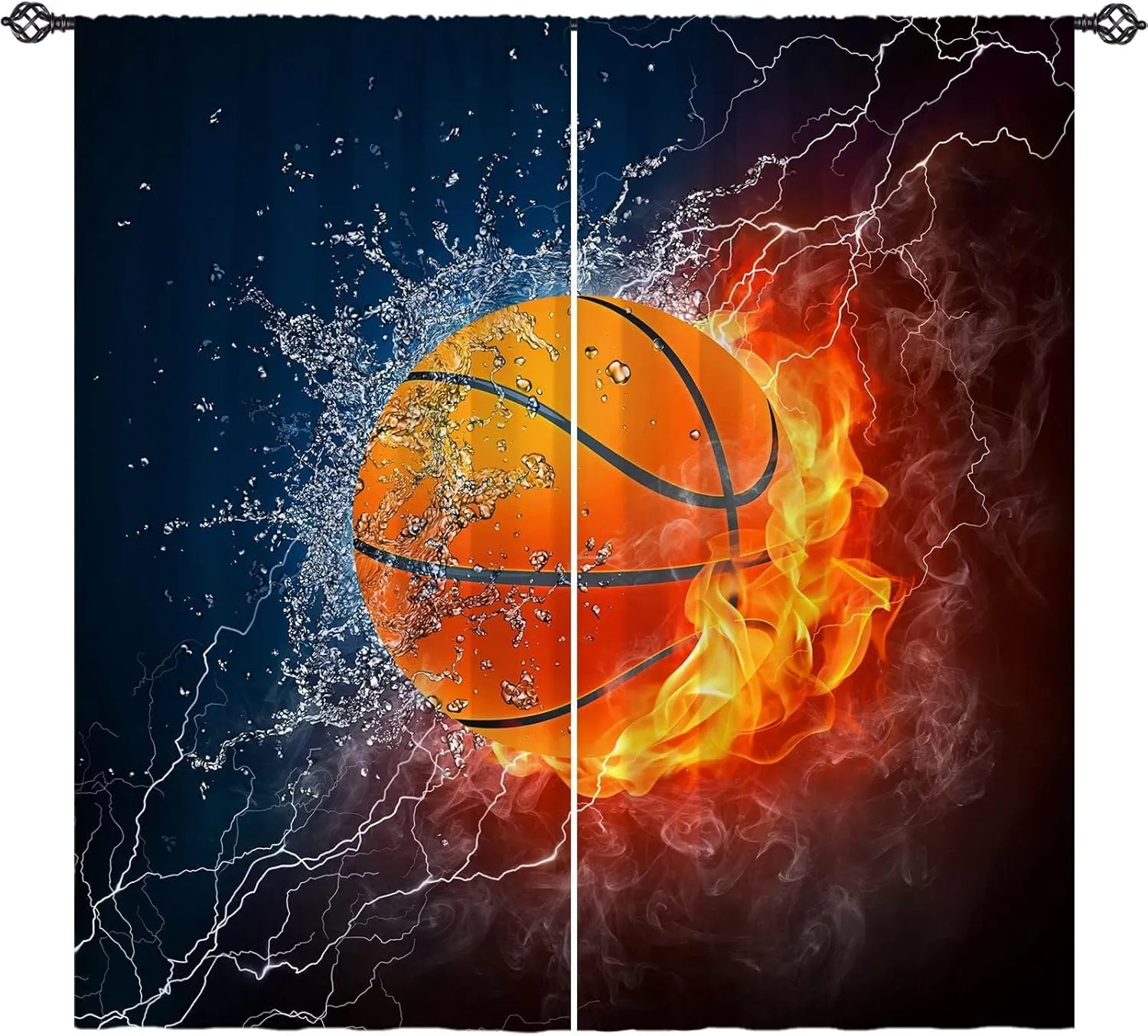 Basketball Curtains W28 x L48 Inch Rod Pocket Kids Sports Fire Ball Water Flame Thunder Lightning Print Pattern Privacy Fabric Window Drapes for Boys Bedroom Nursery Baby Playroom 2 Panels