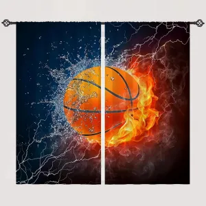 Basketball Curtains W28 x L48 Inch Rod Pocket Kids Sports Fire Ball Water Flame Thunder Lightning Print Pattern Privacy Fabric Window Drapes for Boys Bedroom Nursery Baby Playroom 2 Panels