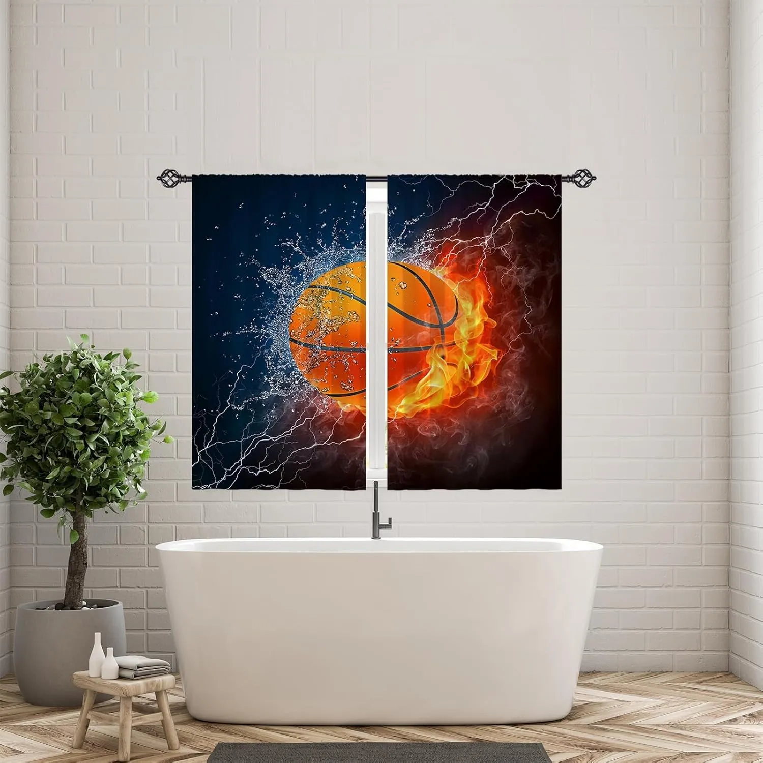 Basketball Curtains W28 x L48 Inch Rod Pocket Kids Sports Fire Ball Water Flame Thunder Lightning Print Pattern Privacy Fabric Window Drapes for Boys Bedroom Nursery Baby Playroom 2 Panels