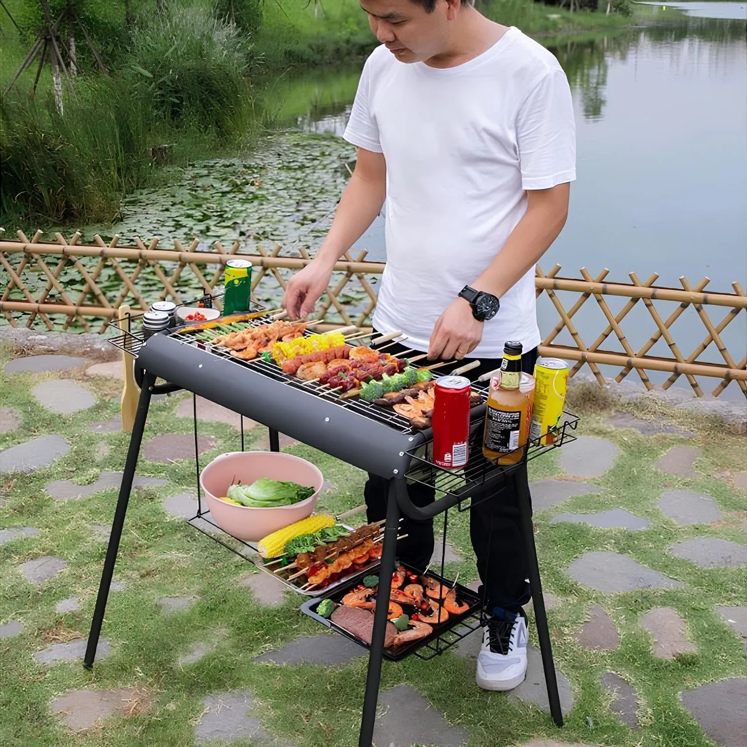 BBQ Charcoal Grill – Removable & Portable Steel Barbecue Cooking Stove with Pullable Design – Camping Stove Househol Barbecue Grill for Outdoor Picnic, Camping & Backyard Grilling(D)