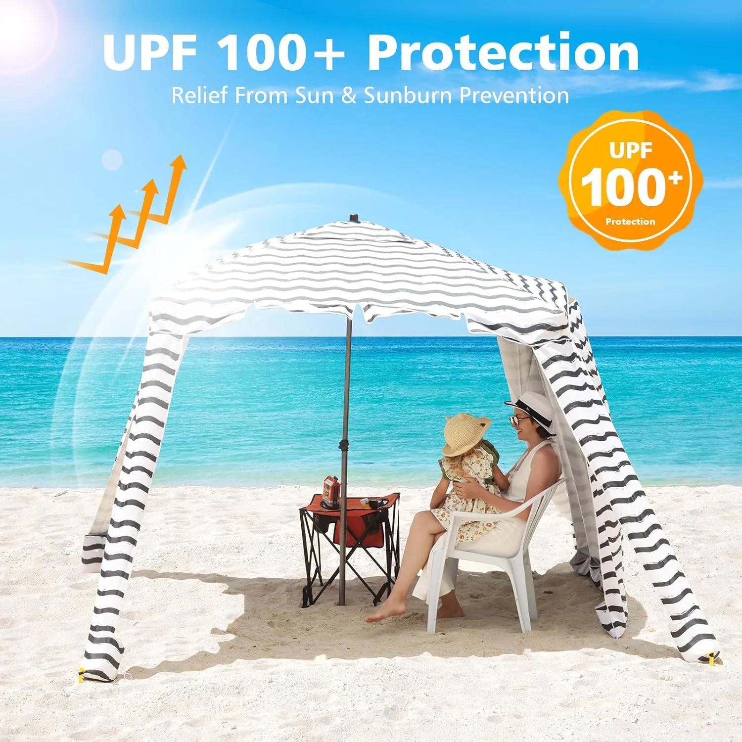 Beach Cabana - UPF 100  UV Protection Beach Tent, Easy to Set Up 6' x 6' Canopy with Attachable Wall, Waterproof Fabric, Portable Shelter for Family & Friends