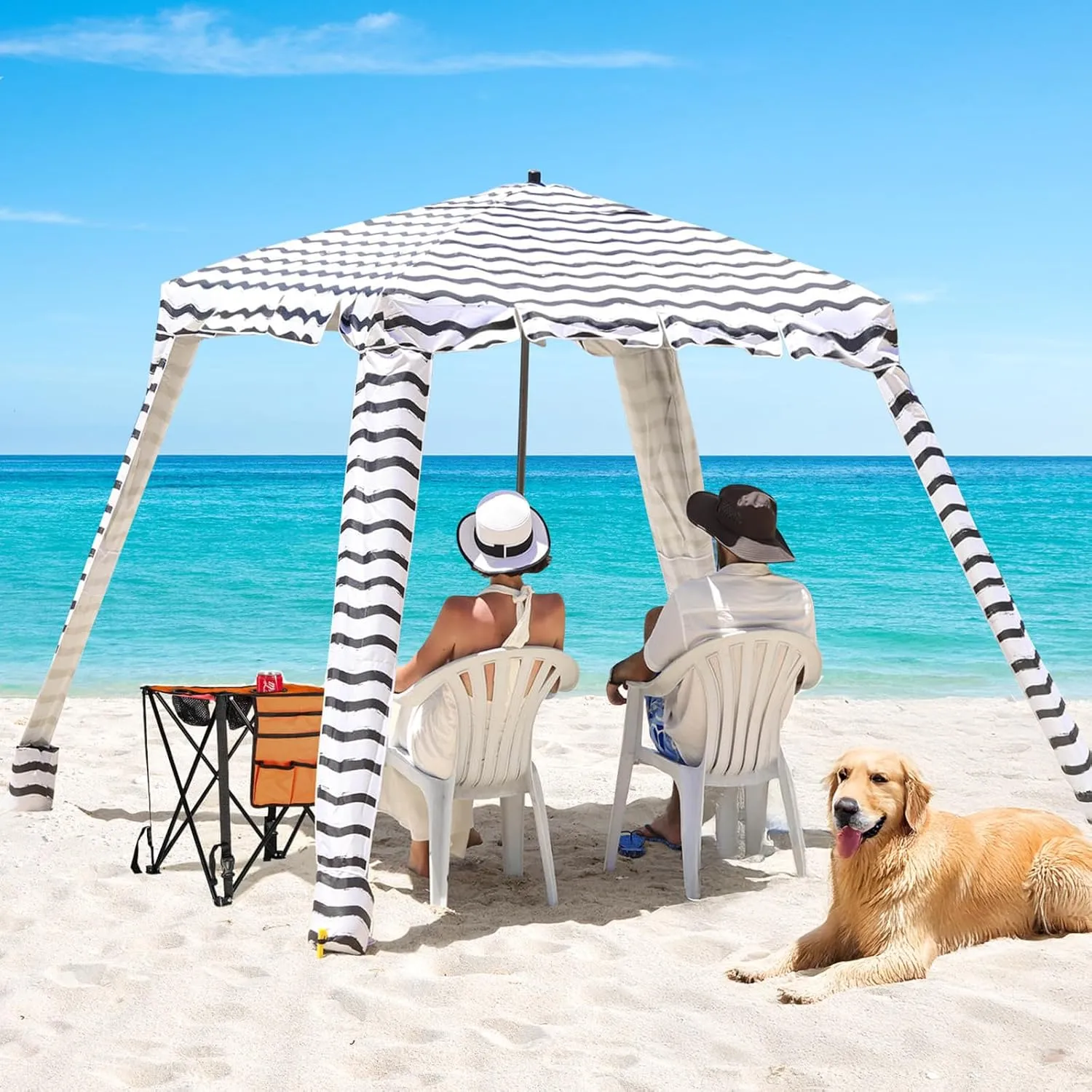 Beach Cabana - UPF 100  UV Protection Beach Tent, Easy to Set Up 6' x 6' Canopy with Attachable Wall, Waterproof Fabric, Portable Shelter for Family & Friends