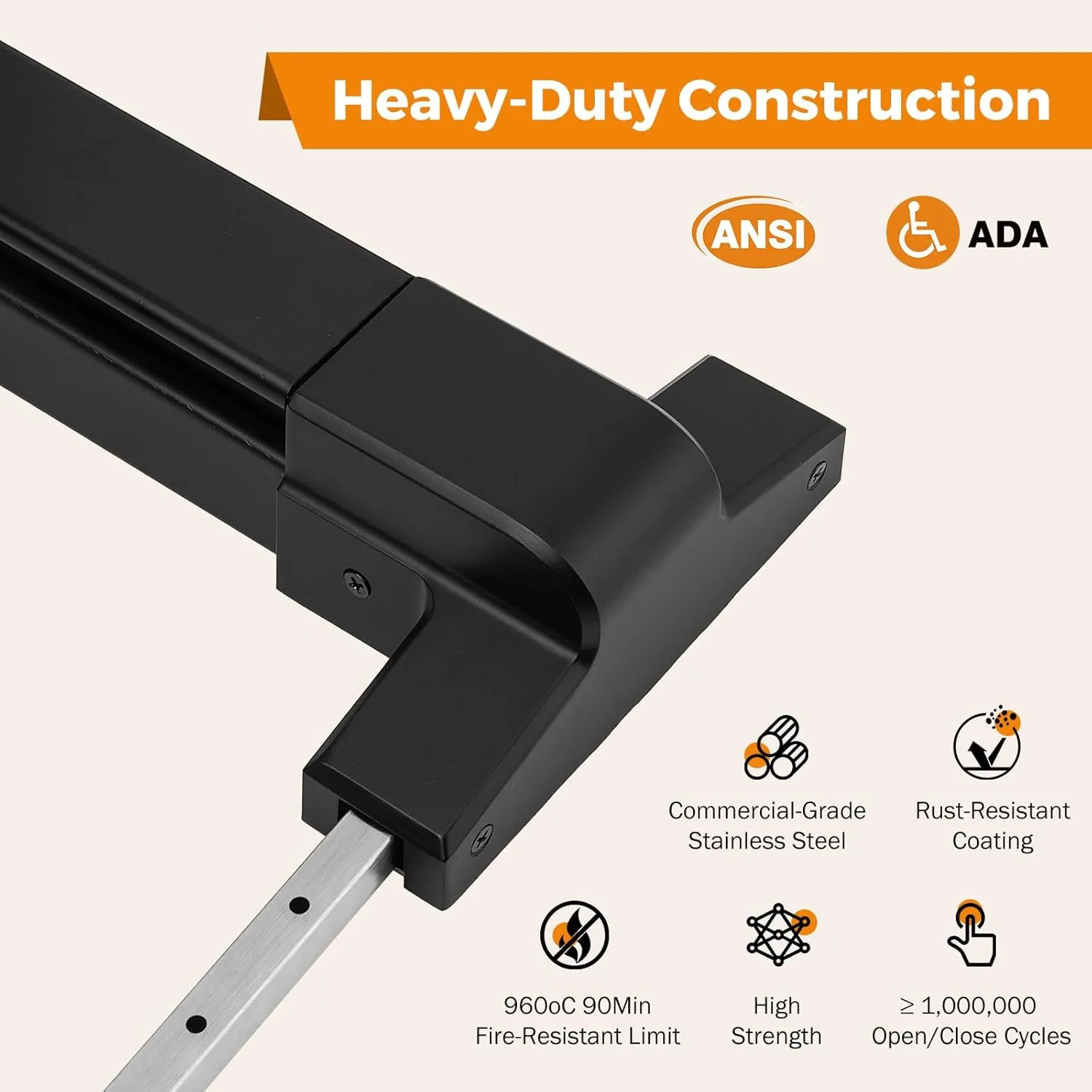 BEAMNOVA Vertical Rod 27.5 Inch Door Panic Bar Exit Device Commercial Door Push Bar Lock Set Gate Roller Strike Plate End Cap Emergency Accessories Metal Parts, Black
