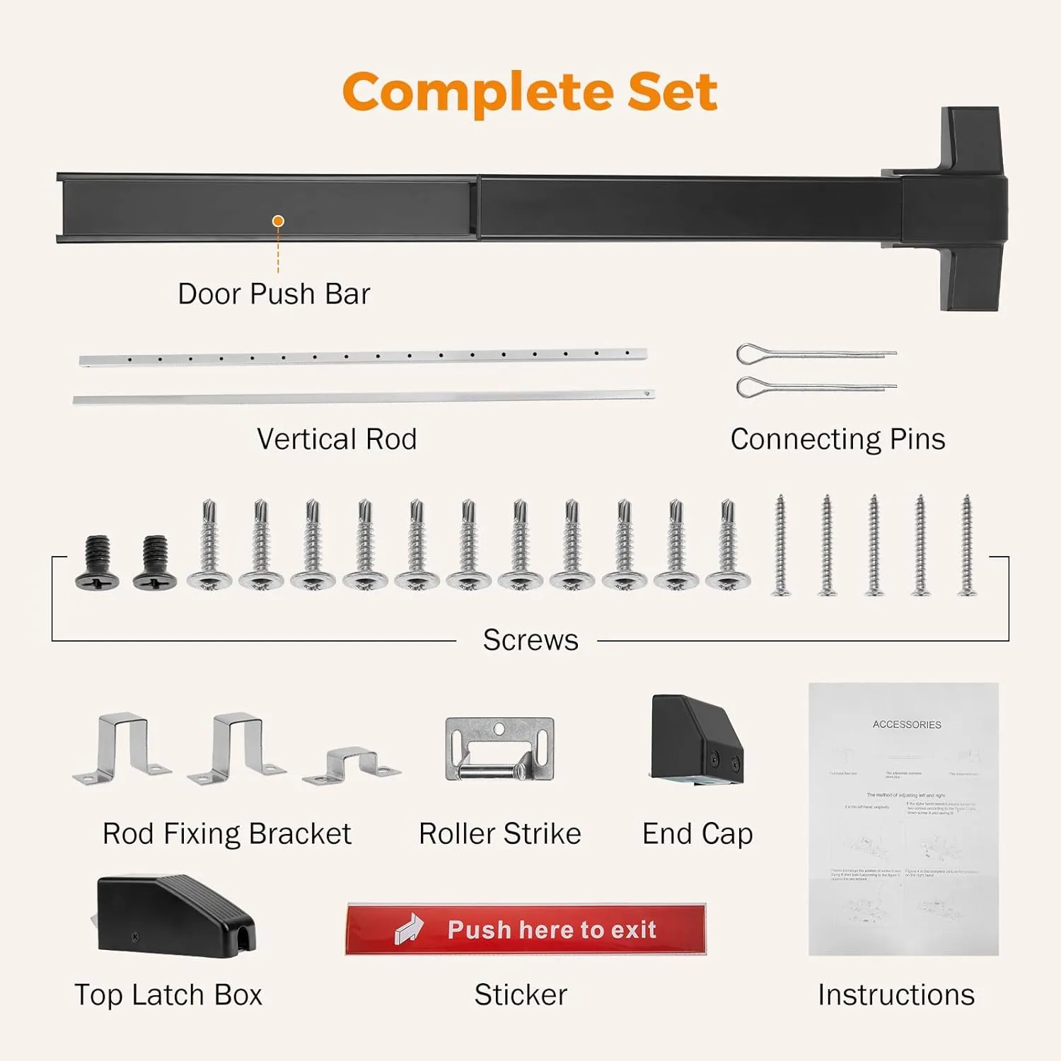 BEAMNOVA Vertical Rod 27.5 Inch Door Panic Bar Exit Device Commercial Door Push Bar Lock Set Gate Roller Strike Plate End Cap Emergency Accessories Metal Parts, Black