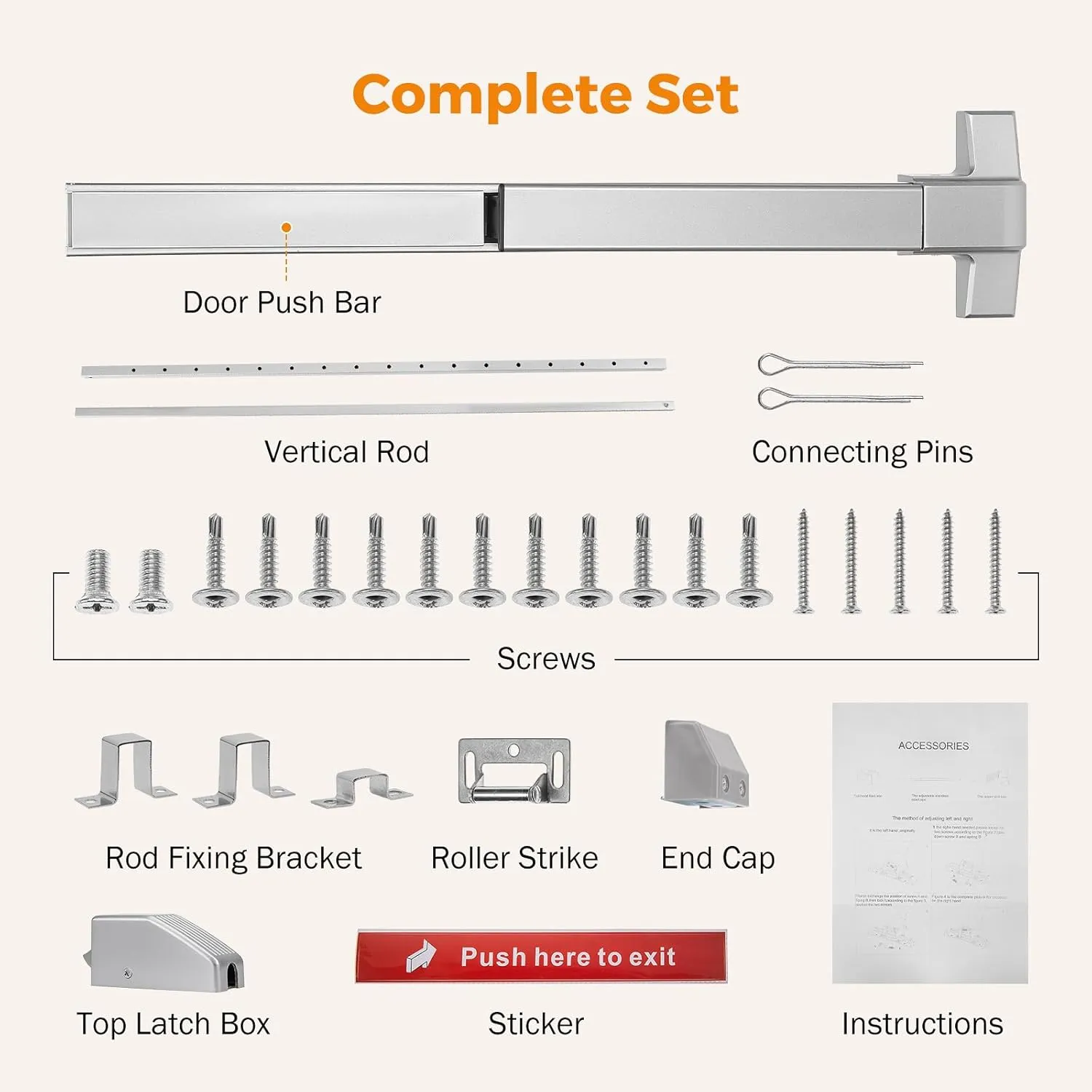 BEAMNOVA Vertical Rod 27.5 Inch Door Panic Bar Exit Device Commercial Door Push Bar Lock Set Gate Roller Strike Plate End Cap Emergency Accessories Metal Parts, Metallic