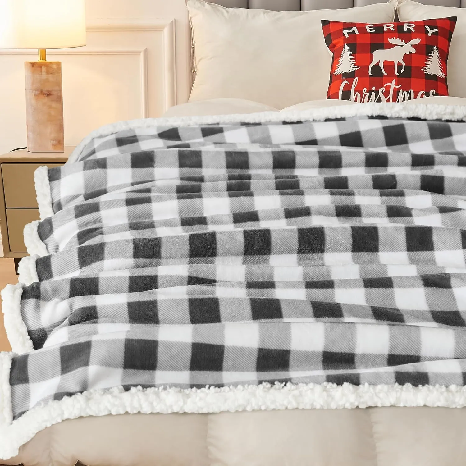 BEAUTEX Sherpa Fleece Throw Blanket, Super Soft Warm Buffalo Plaid Plush Blankets and Throws, Lightweight Cozy Fuzzy Blanket for Couch Sofa Bed (Grey, Throw 50" x 60")