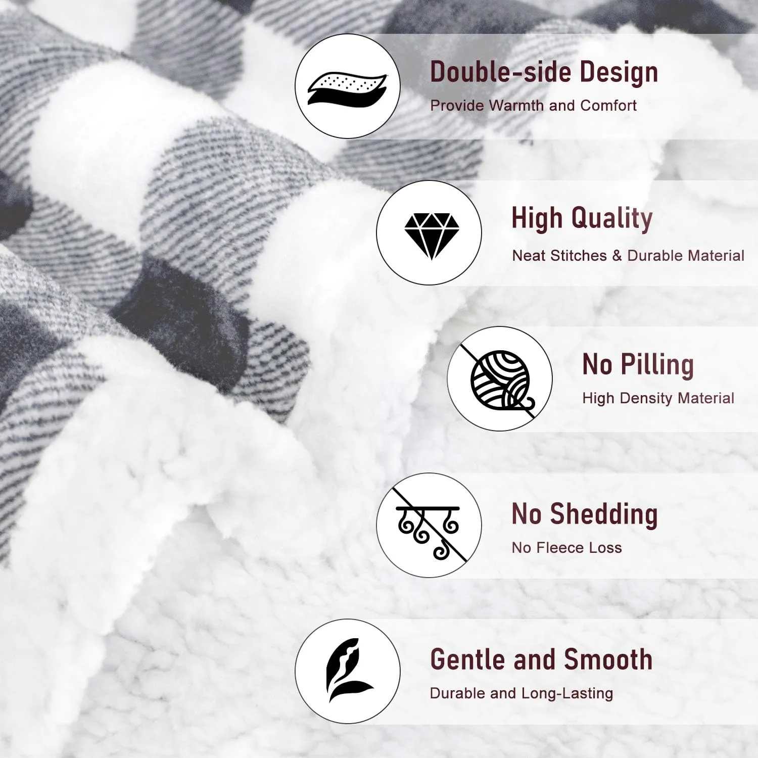 BEAUTEX Sherpa Fleece Throw Blanket, Super Soft Warm Buffalo Plaid Plush Blankets and Throws, Lightweight Cozy Fuzzy Blanket for Couch Sofa Bed (Grey, Throw 50" x 60")