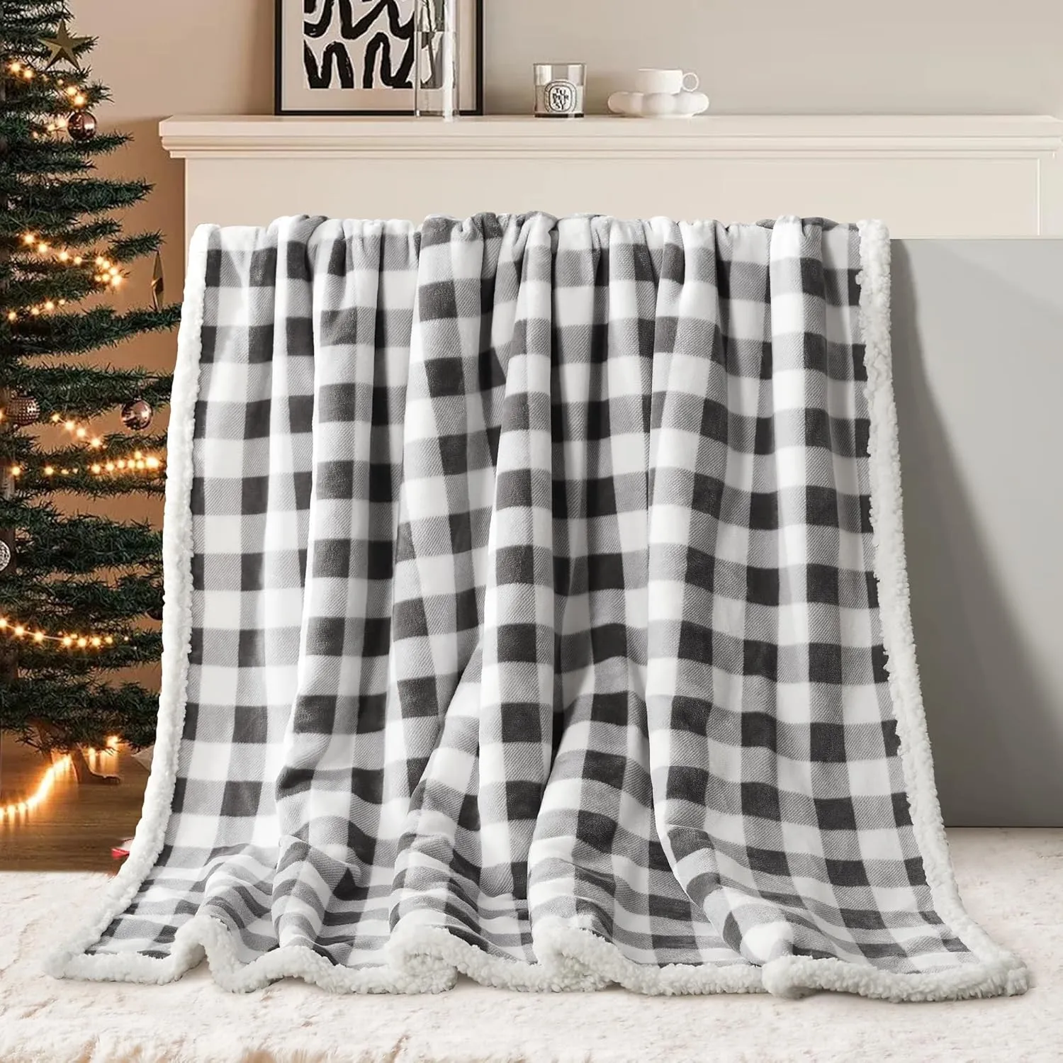 BEAUTEX Sherpa Fleece Throw Blanket, Super Soft Warm Buffalo Plaid Plush Blankets and Throws, Lightweight Cozy Fuzzy Blanket for Couch Sofa Bed (Grey, Throw 50" x 60")