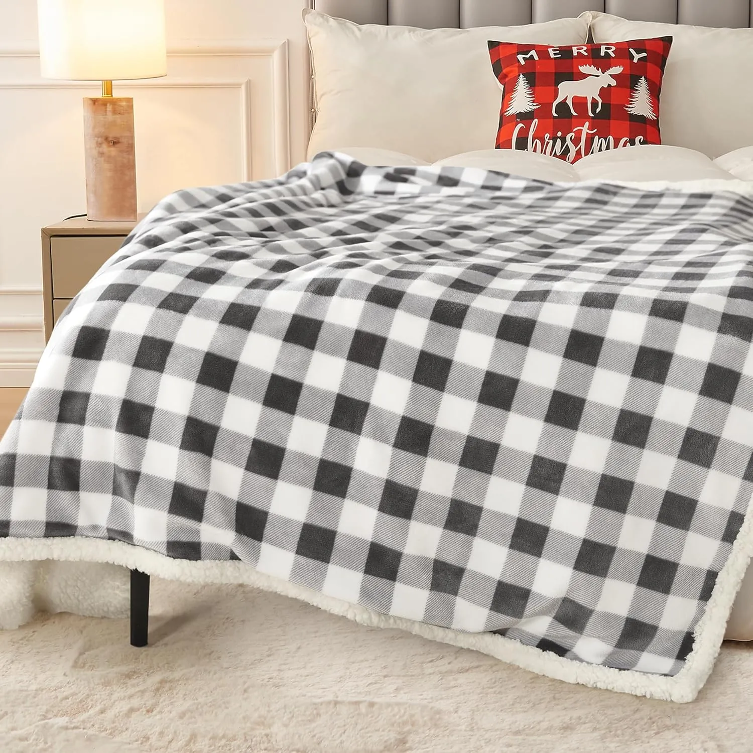 BEAUTEX Sherpa Fleece Throw Blanket, Super Soft Warm Buffalo Plaid Plush Blankets and Throws, Lightweight Cozy Fuzzy Blanket for Couch Sofa Bed (Grey, Throw 50" x 60")