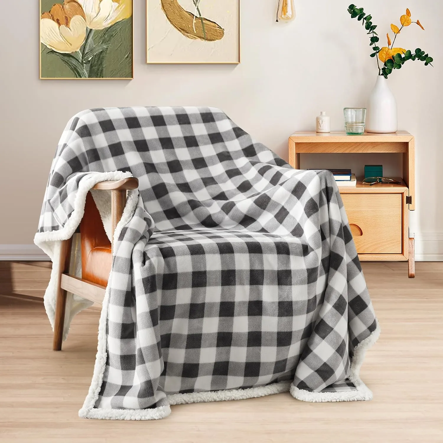 BEAUTEX Sherpa Fleece Throw Blanket, Super Soft Warm Buffalo Plaid Plush Blankets and Throws, Lightweight Cozy Fuzzy Blanket for Couch Sofa Bed (Grey, Throw 50" x 60")