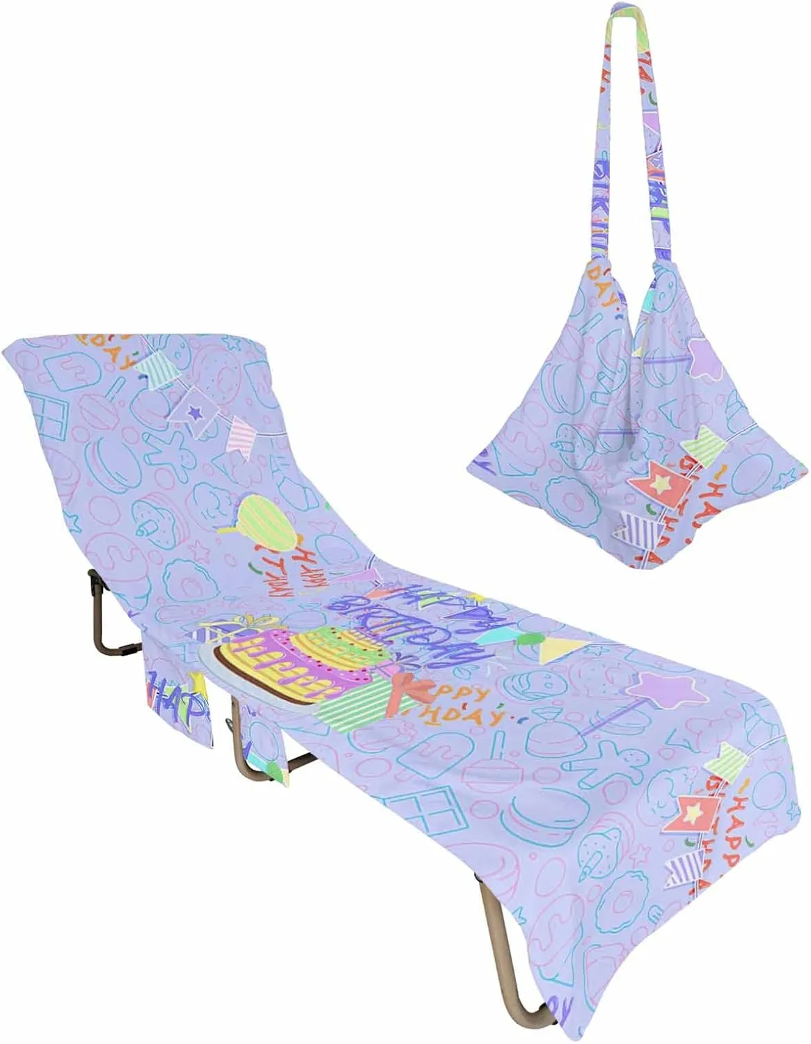 Birthday Cake Blue Beach Pool Patio Lounge Chaise Chair Cover Towel With Pockets, Absorbent & Quick Dry Microfiber Towel Cover Bag Summer Travel Accessories for Sunbathing Colorful Ribbon Stars Gifts