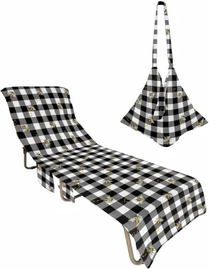 Black and White Buffalo Plaid Beach Pool Patio Lounge Chaise Chair Cover Towel With Pockets, Absorbent & Quick Dry Microfiber Towel Cover Bag Summer Travel Accessories for Sunbathing Summer Bee
