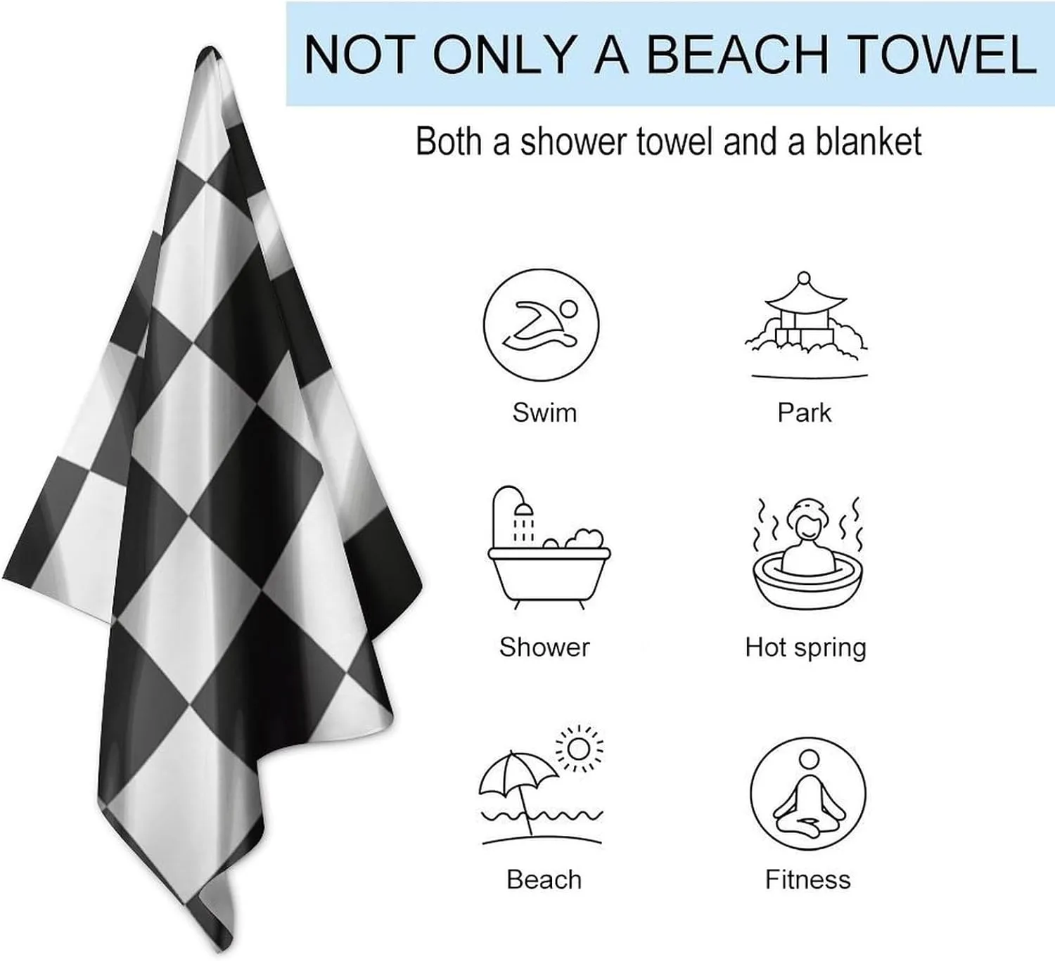 Black White Race Checkered Flag Beach Towel 31X51" Quick Dry Bath Towels Lightweight Sand Free Pool Bath Shower Towels Oversized Beach Blanket for Swimming Travel Favors Birthday Vacation Gift