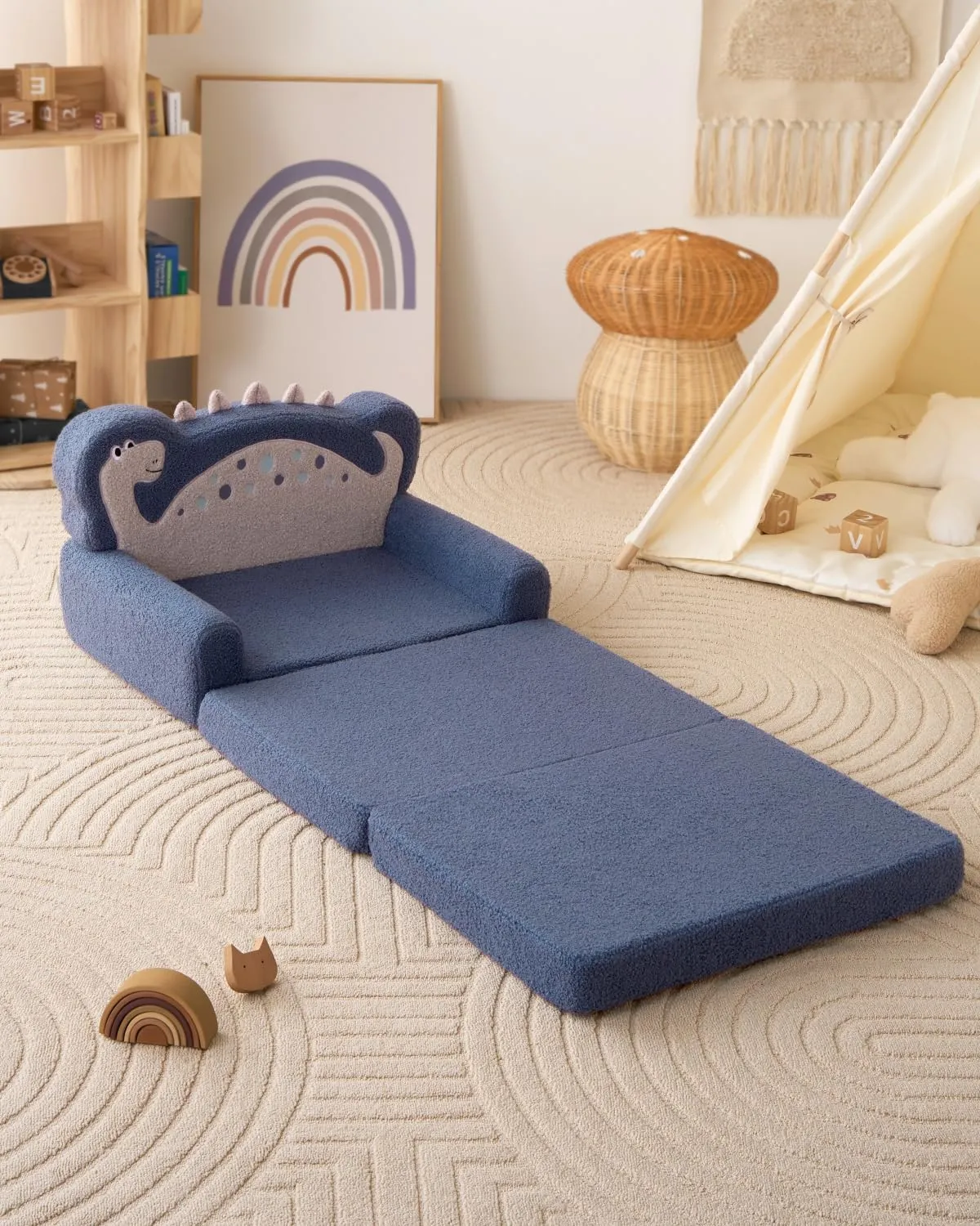 Blissful Diary Kids Couch, 2-in-1 Soft Toddler Couch Fold Out, Toddler Chair Comfy, Convertible Sofa to Lounger, Kids Furniture for Playroom, Gift for Birthday, Children's Day, Blue Dinosaur