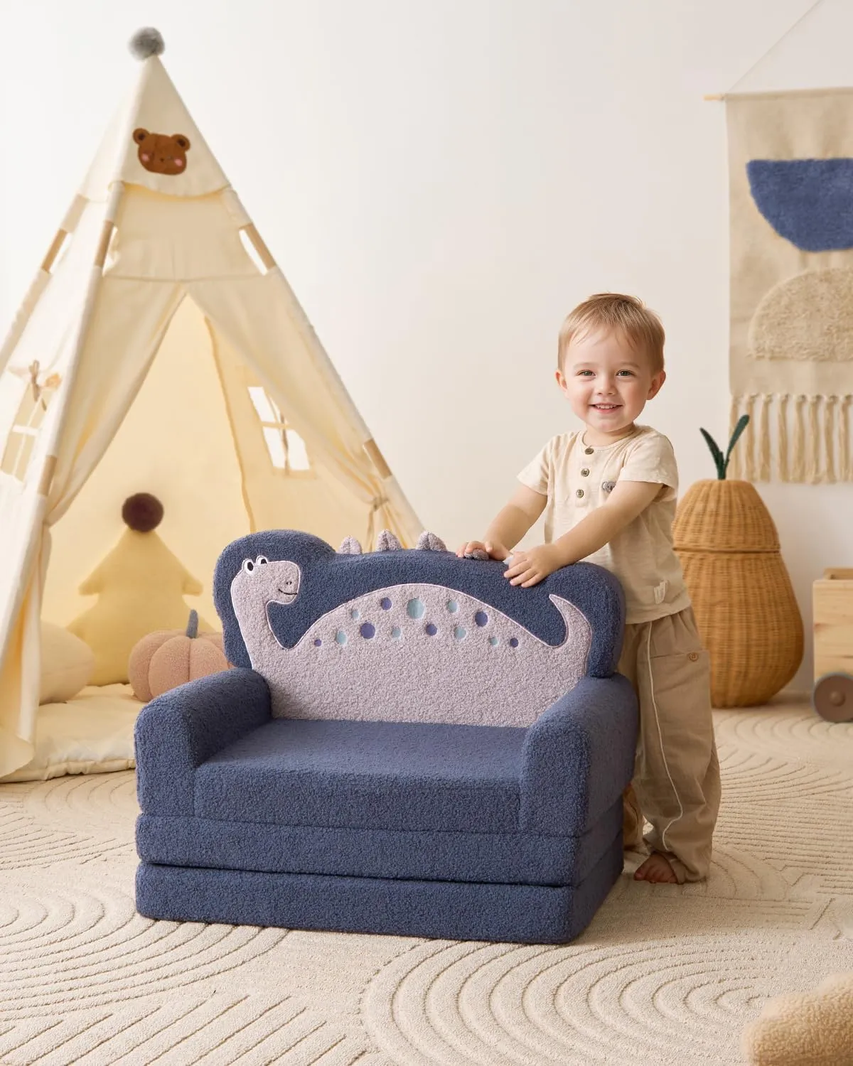 Blissful Diary Kids Couch, 2-in-1 Soft Toddler Couch Fold Out, Toddler Chair Comfy, Convertible Sofa to Lounger, Kids Furniture for Playroom, Gift for Birthday, Children's Day, Blue Dinosaur