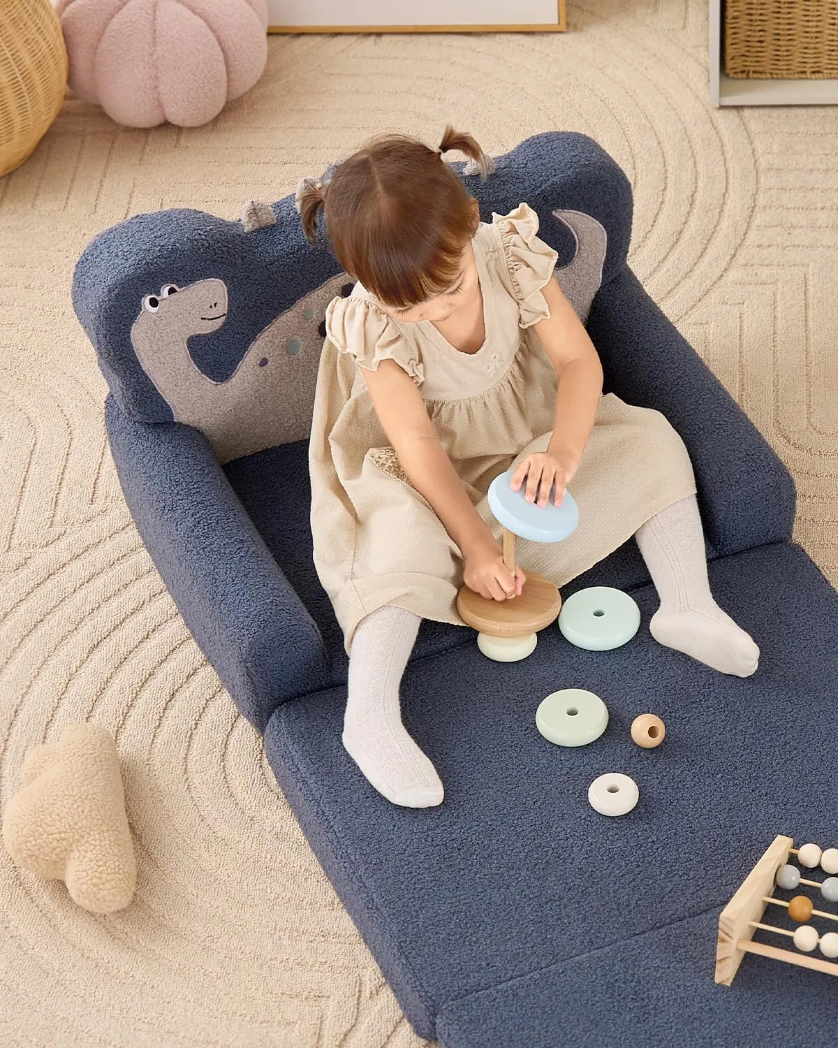 Blissful Diary Kids Couch, 2-in-1 Soft Toddler Couch Fold Out, Toddler Chair Comfy, Convertible Sofa to Lounger, Kids Furniture for Playroom, Gift for Birthday, Children's Day, Blue Dinosaur