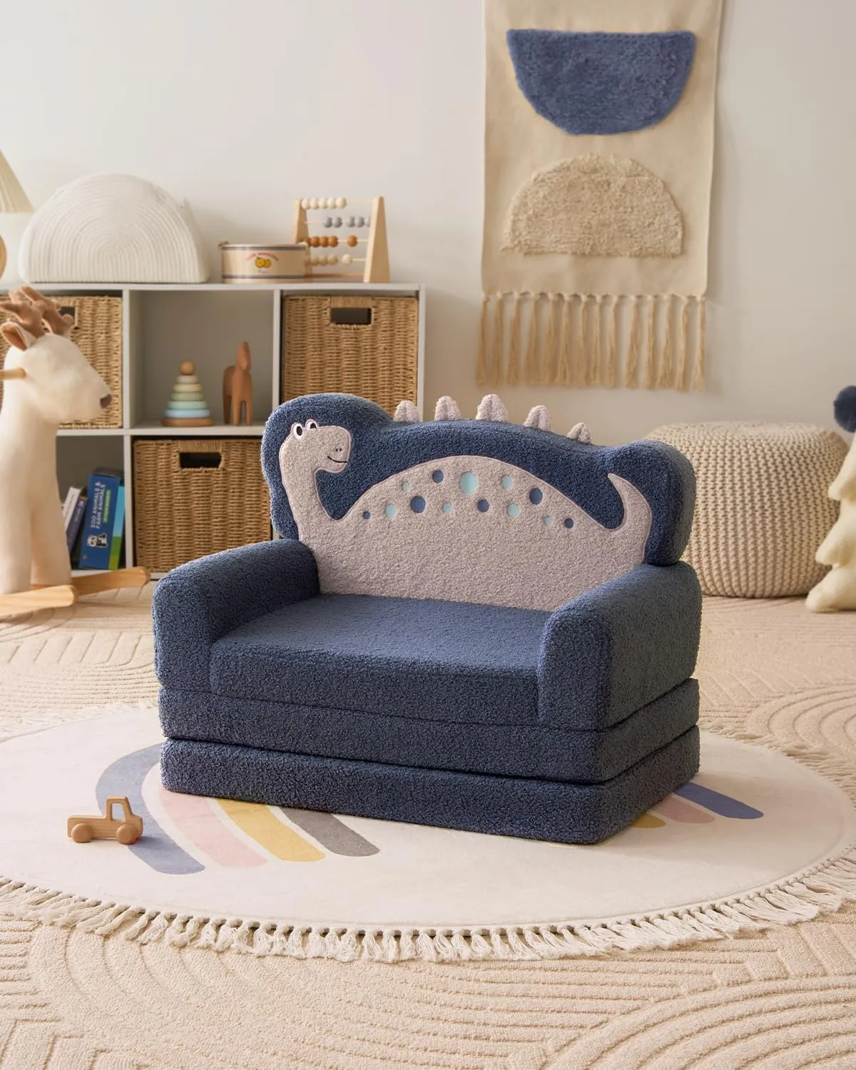 Blissful Diary Kids Couch, 2-in-1 Soft Toddler Couch Fold Out, Toddler Chair Comfy, Convertible Sofa to Lounger, Kids Furniture for Playroom, Gift for Birthday, Children's Day, Blue Dinosaur