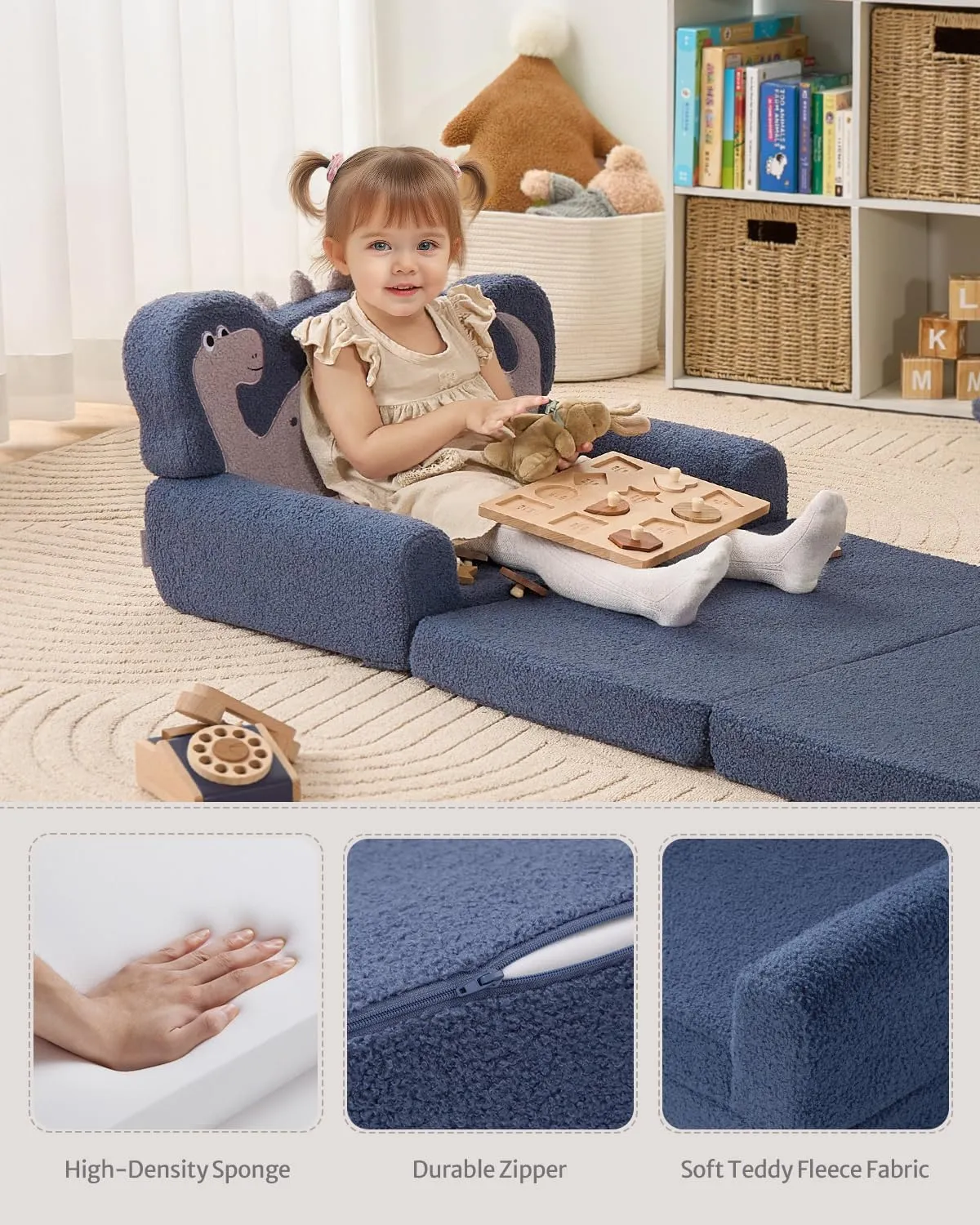 Blissful Diary Kids Couch, 2-in-1 Soft Toddler Couch Fold Out, Toddler Chair Comfy, Convertible Sofa to Lounger, Kids Furniture for Playroom, Gift for Birthday, Children's Day, Blue Dinosaur