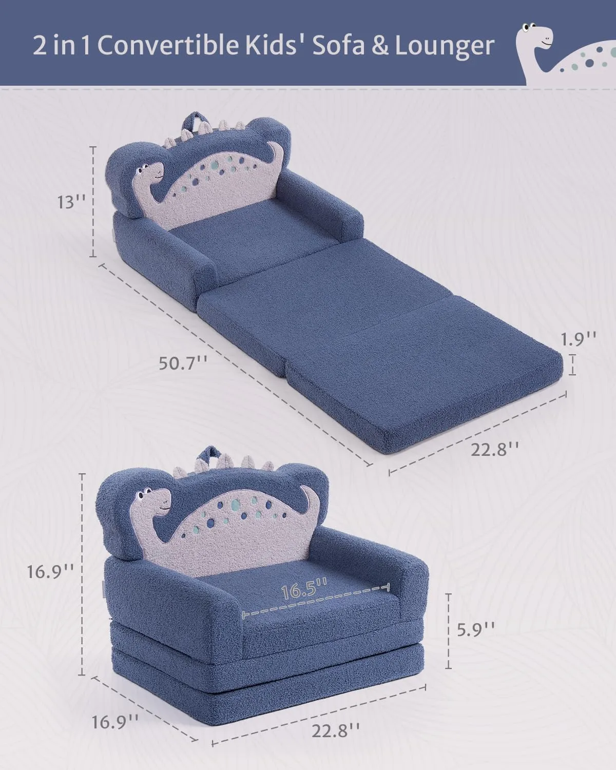 Blissful Diary Kids Couch, 2-in-1 Soft Toddler Couch Fold Out, Toddler Chair Comfy, Convertible Sofa to Lounger, Kids Furniture for Playroom, Gift for Birthday, Children's Day, Blue Dinosaur
