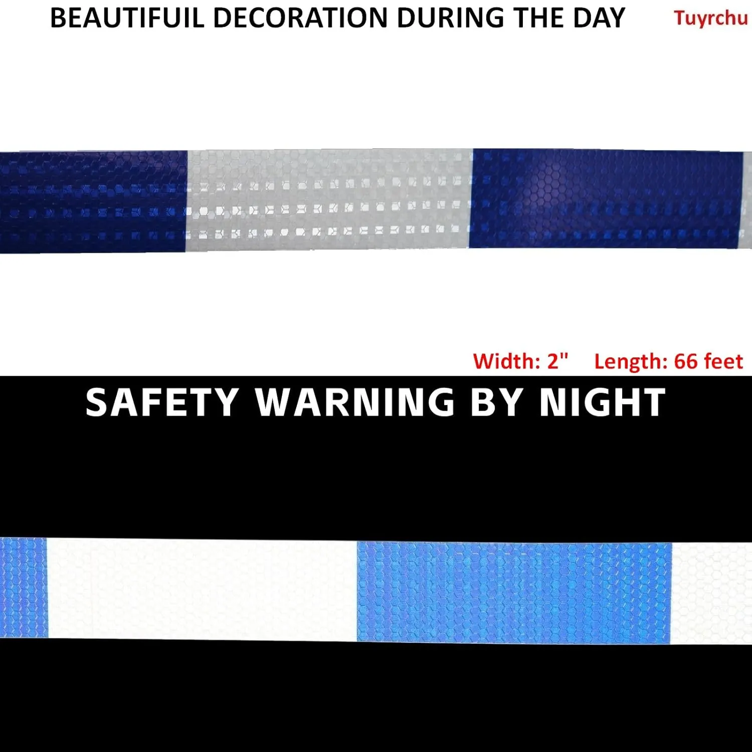 Blue White Reflective Tape 2 inch X 66 feet, Outdoor Waterproof High Visibility Warning Hazard Conspicuity Tape