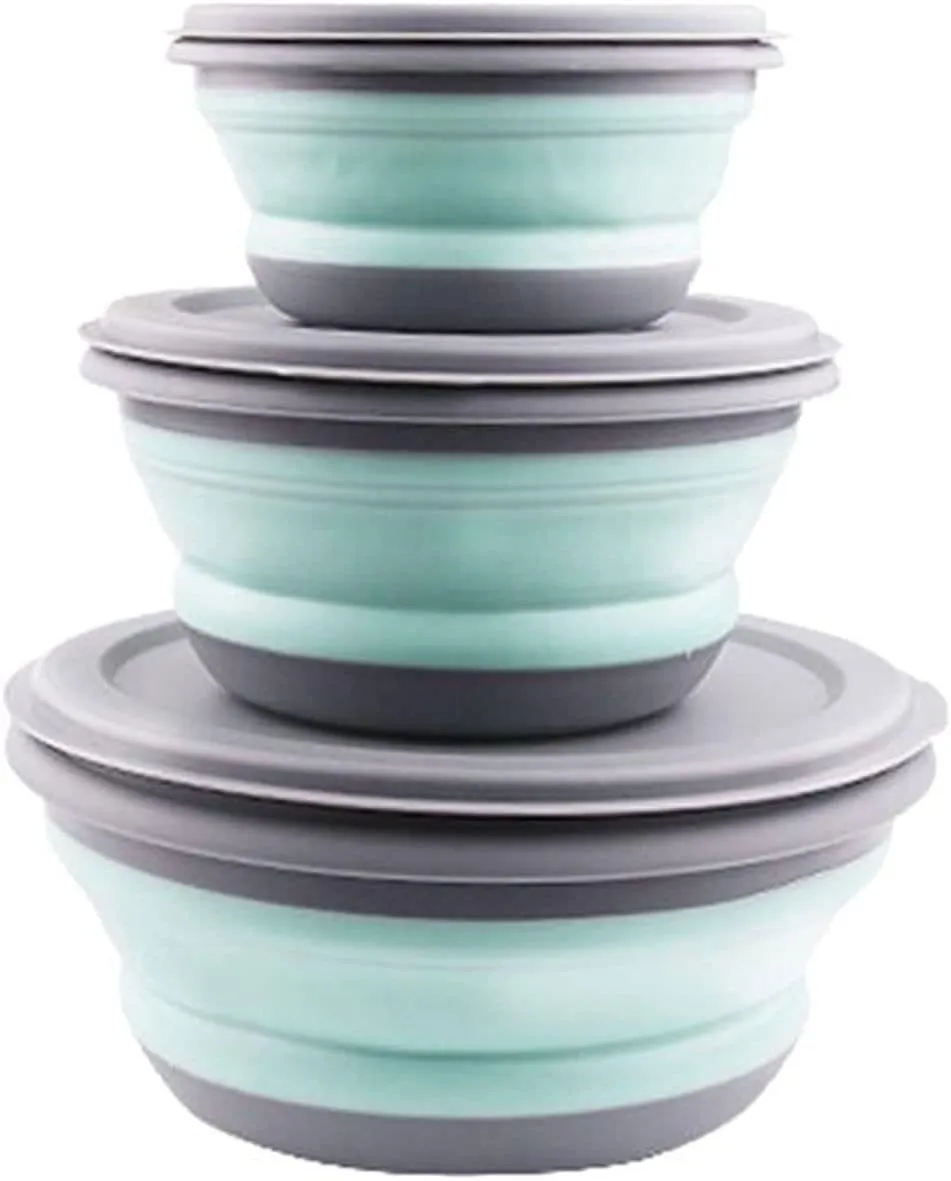 Bowls 3pcs Folding Bowl Outdoor Camping Tableware Sets Folding Dishes Lunch Box Portable Salad Bowl with Lid for Nature Hike Cooking(Green Color Bowl)