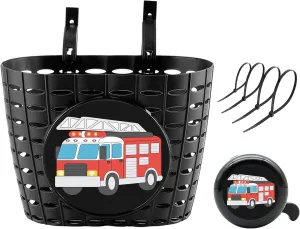 Boys Bike Basket with Bell, Cute Bicycle Front Handlebar Basket for Kids, Toddlers, Plastic Scooter Basket