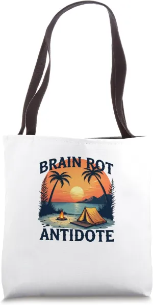 Brain Rot Antidote Retro Sunset Beach Camping Scene Tote Bag