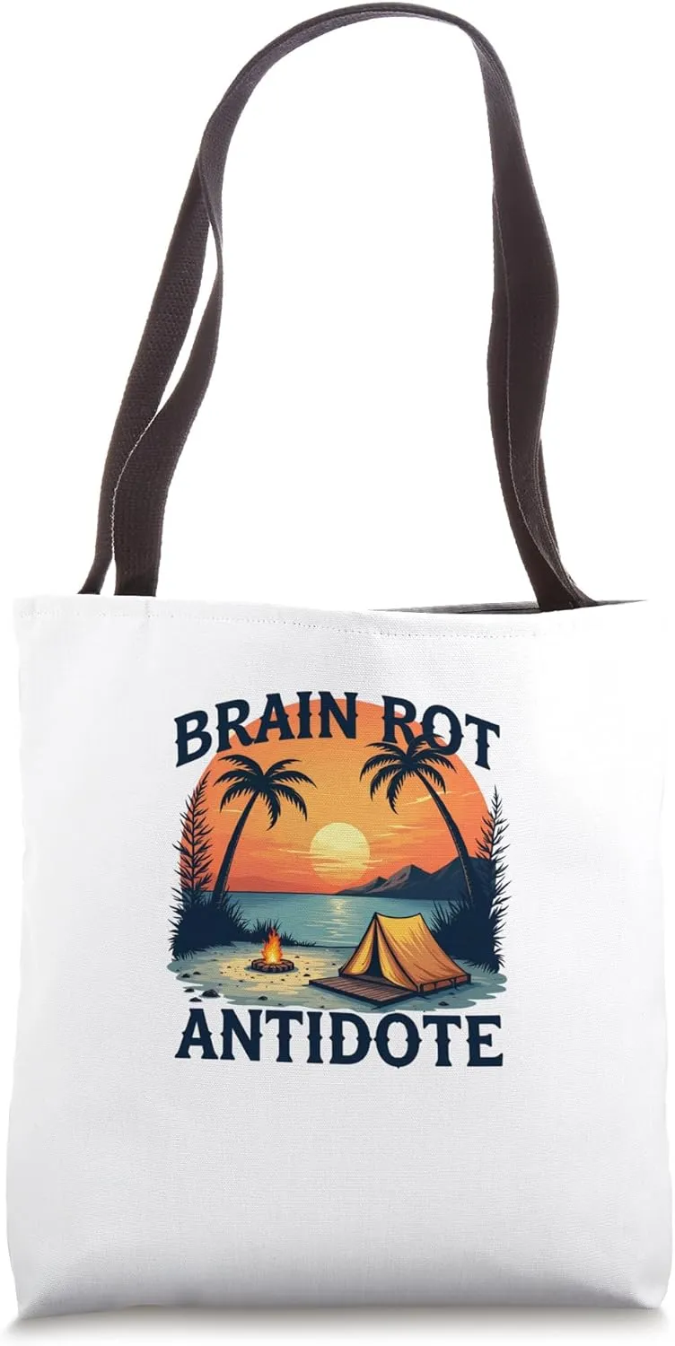 Brain Rot Antidote Retro Sunset Beach Camping Scene Tote Bag