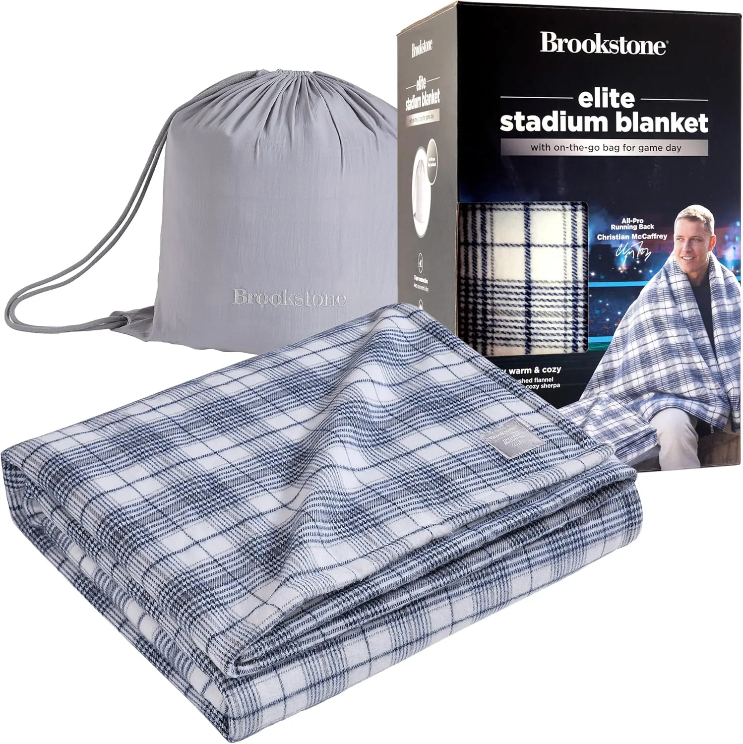 Brookstone Elite Stadium Blanket – Oversized Waterproof Outdoor Blanket 70'' x 60'' - Brushed Flannel & Sherpa, Portable w/Carry Bag, Machine Washable for Tailgating, Sports Events, Fire Pits – Blue