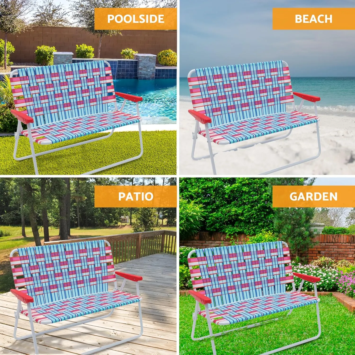 CAMP & GO 16.5" High Seat Outdoor Double Wide Loveseat Web Folding Chair, Blue/Red