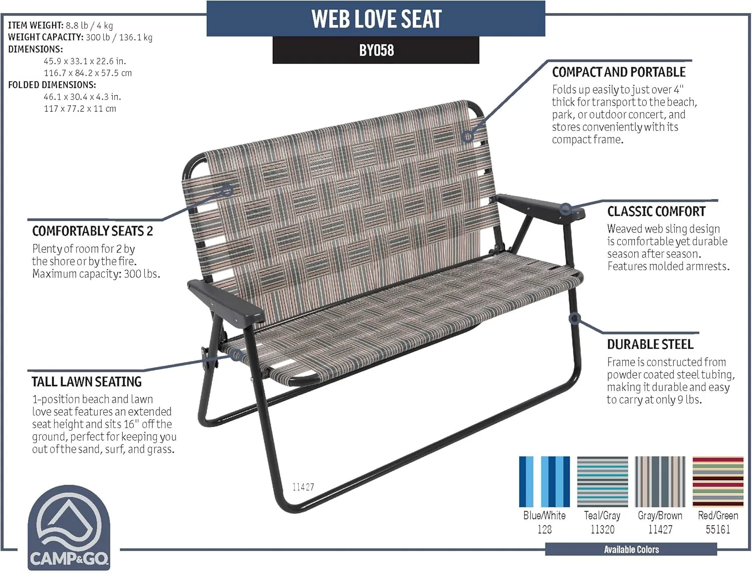 CAMP & GO 16.5" High Seat Outdoor Double Wide Loveseat Web Folding Chair, Blue/Red