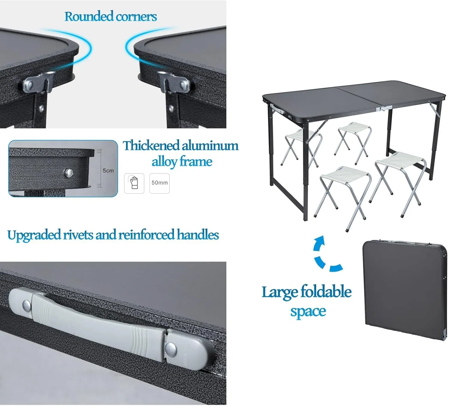 Camp Tables Portable Foldable, Aluminum Dining Table, Adjustable Height, Foldable Table and Chairs for Camping, Picnic, BBQ (Color : A)
