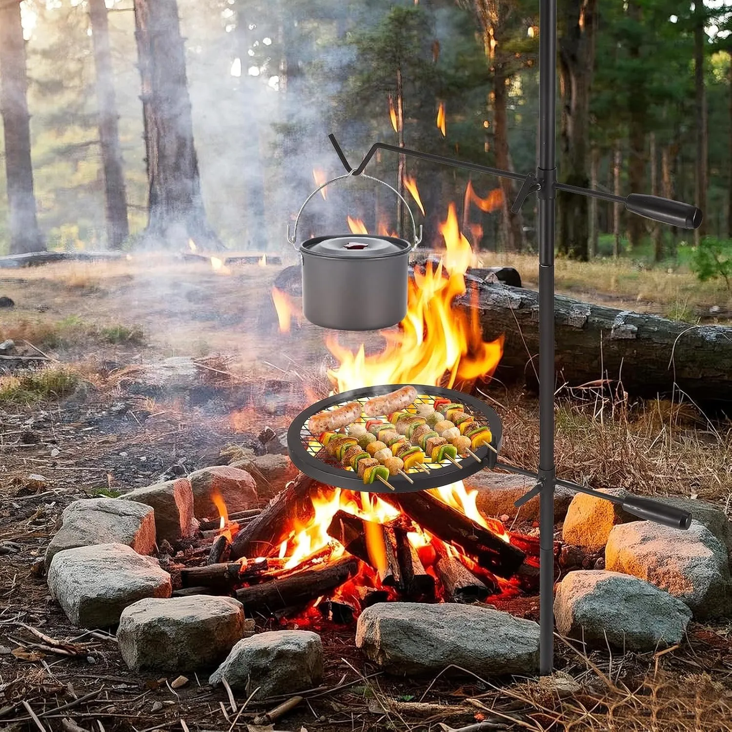 Campfire Grill Grate,13.4"x13.4" Open Fire Grill Portable Camping Grill Stand & Camp Garbage Rack Durable Heavy-Duty Steel for Outdoor Cooking, BBQ & Backyard Grilling