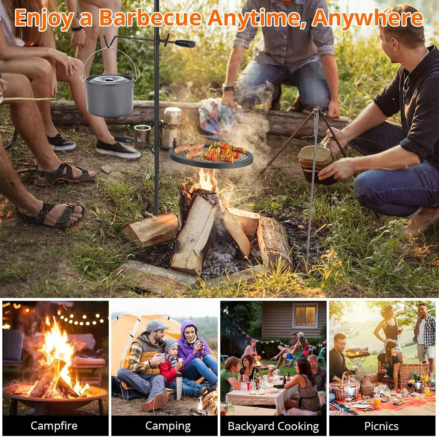 Campfire Grill Grate,13.4"x13.4" Open Fire Grill Portable Camping Grill Stand & Camp Garbage Rack Durable Heavy-Duty Steel for Outdoor Cooking, BBQ & Backyard Grilling