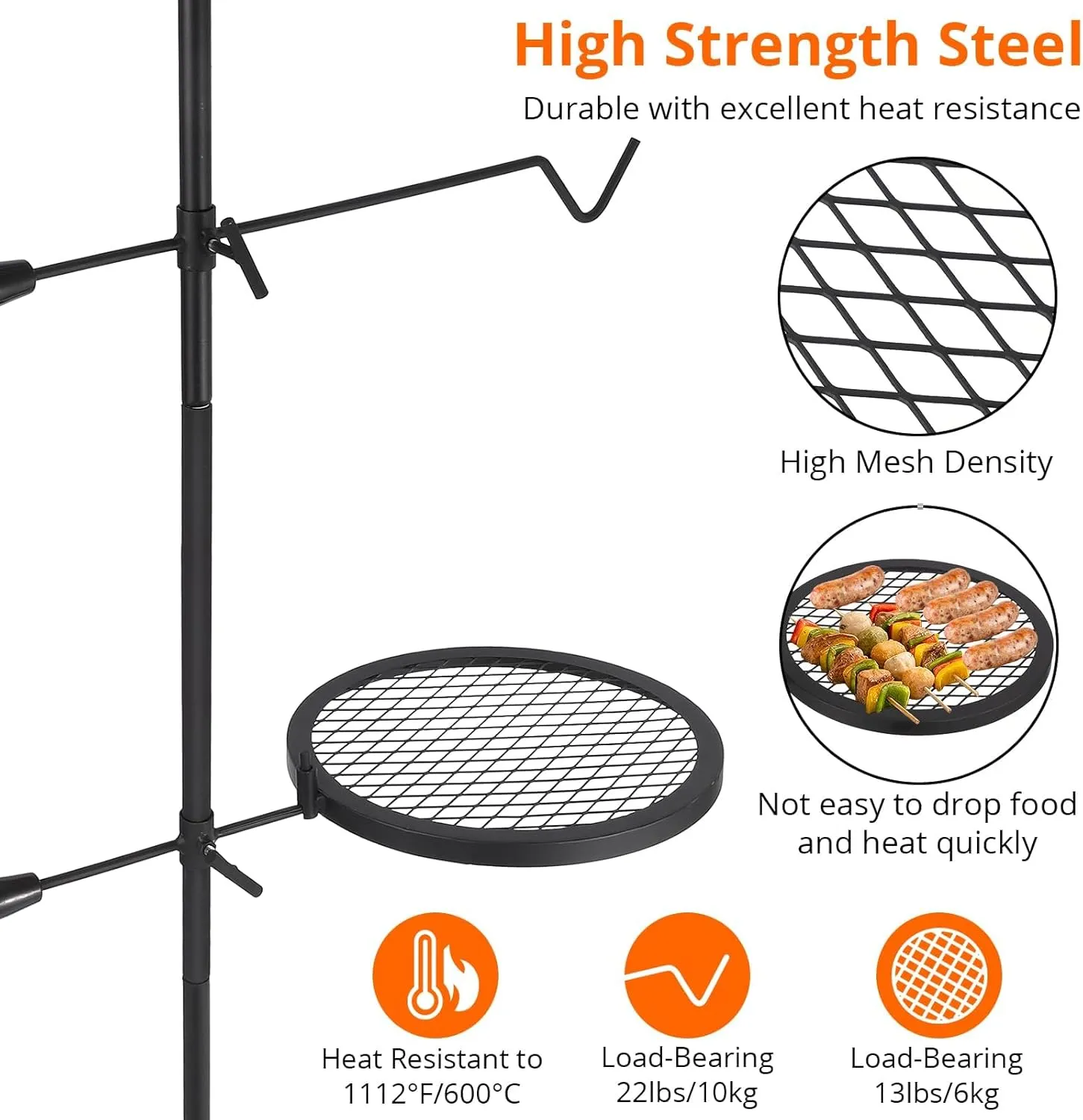 Campfire Grill Grate,13.4"x13.4" Open Fire Grill Portable Camping Grill Stand & Camp Garbage Rack Durable Heavy-Duty Steel for Outdoor Cooking, BBQ & Backyard Grilling