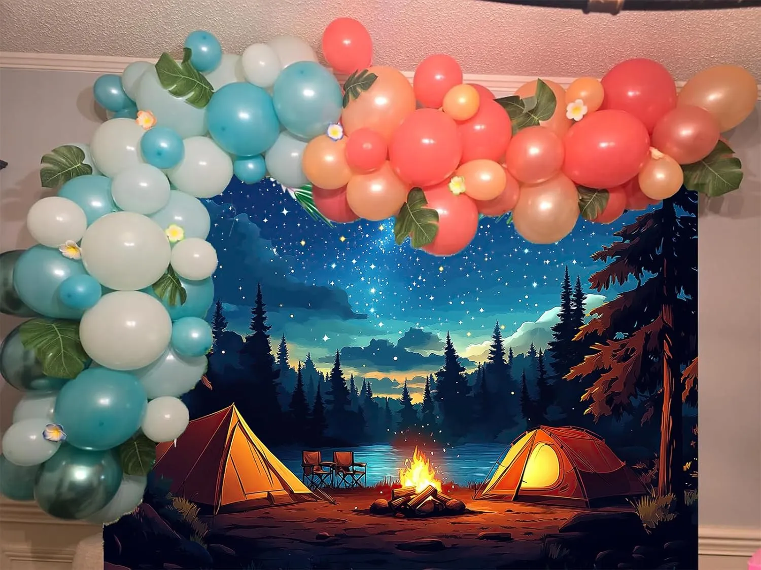 Camping Backdrop 7 x 5 ft Forest Night Scene Adventure Camper Tent Campfire Photo Background Kids Adutls Birthday Camping Party Decoration Banner Photo Shoot Props