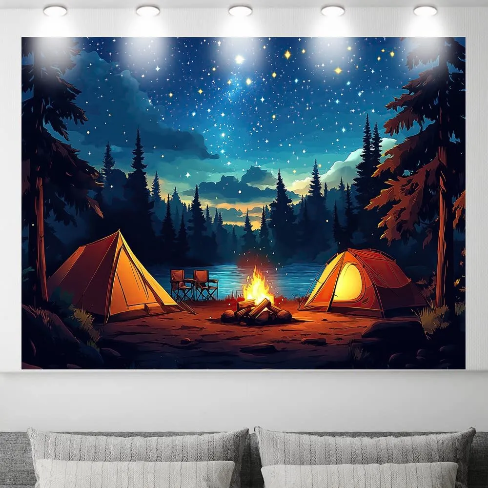 Camping Backdrop 7 x 5 ft Forest Night Scene Adventure Camper Tent Campfire Photo Background Kids Adutls Birthday Camping Party Decoration Banner Photo Shoot Props