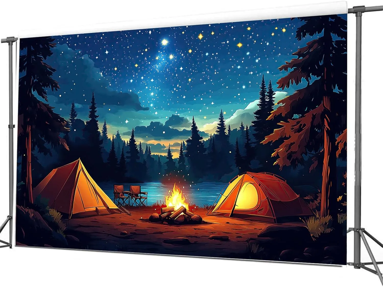 Camping Backdrop 7 x 5 ft Forest Night Scene Adventure Camper Tent Campfire Photo Background Kids Adutls Birthday Camping Party Decoration Banner Photo Shoot Props
